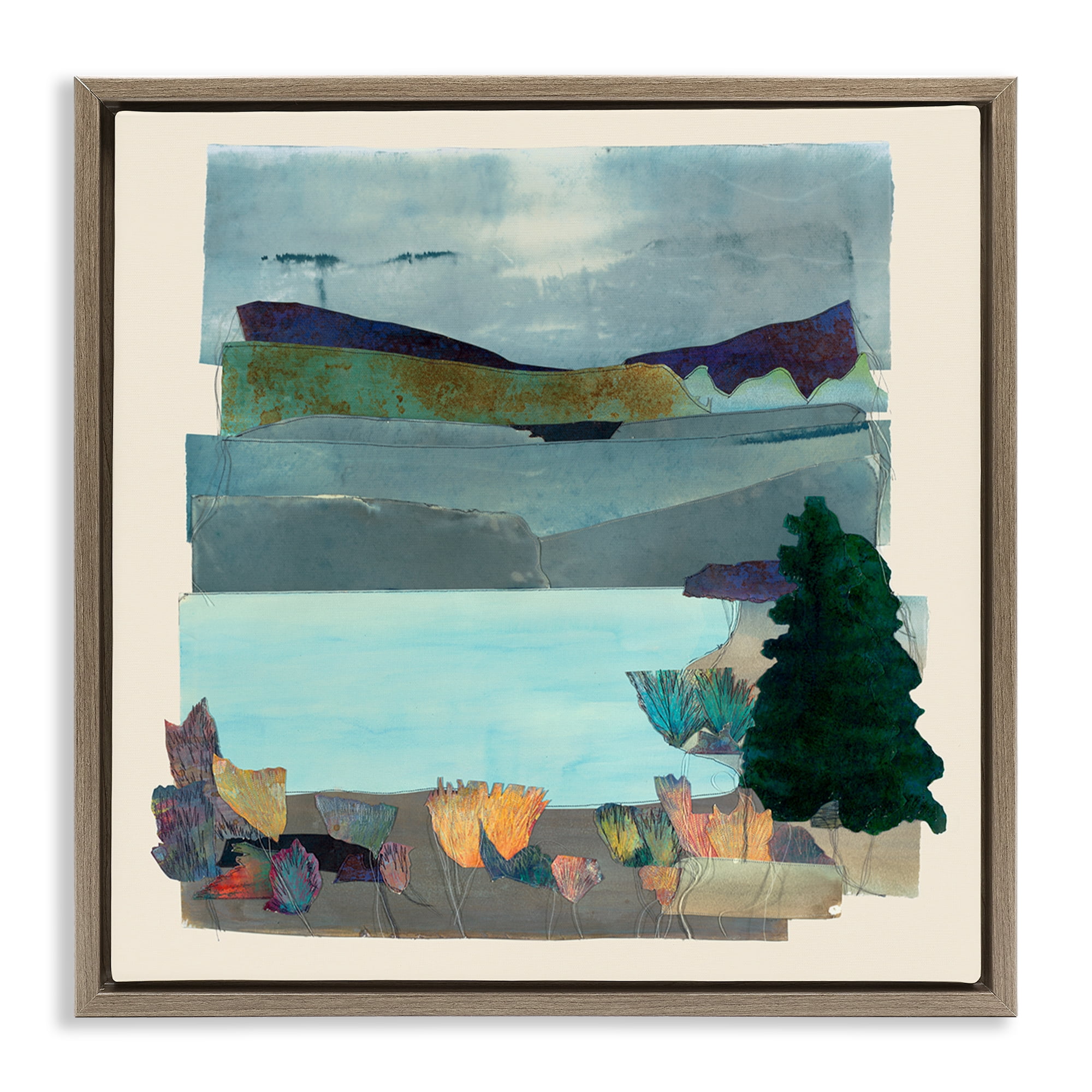 Stupell Industries Abstract Lake View Scene Abstract Painting Brown Floater Framed Canvas Art Print Wall Art, 18 x 18