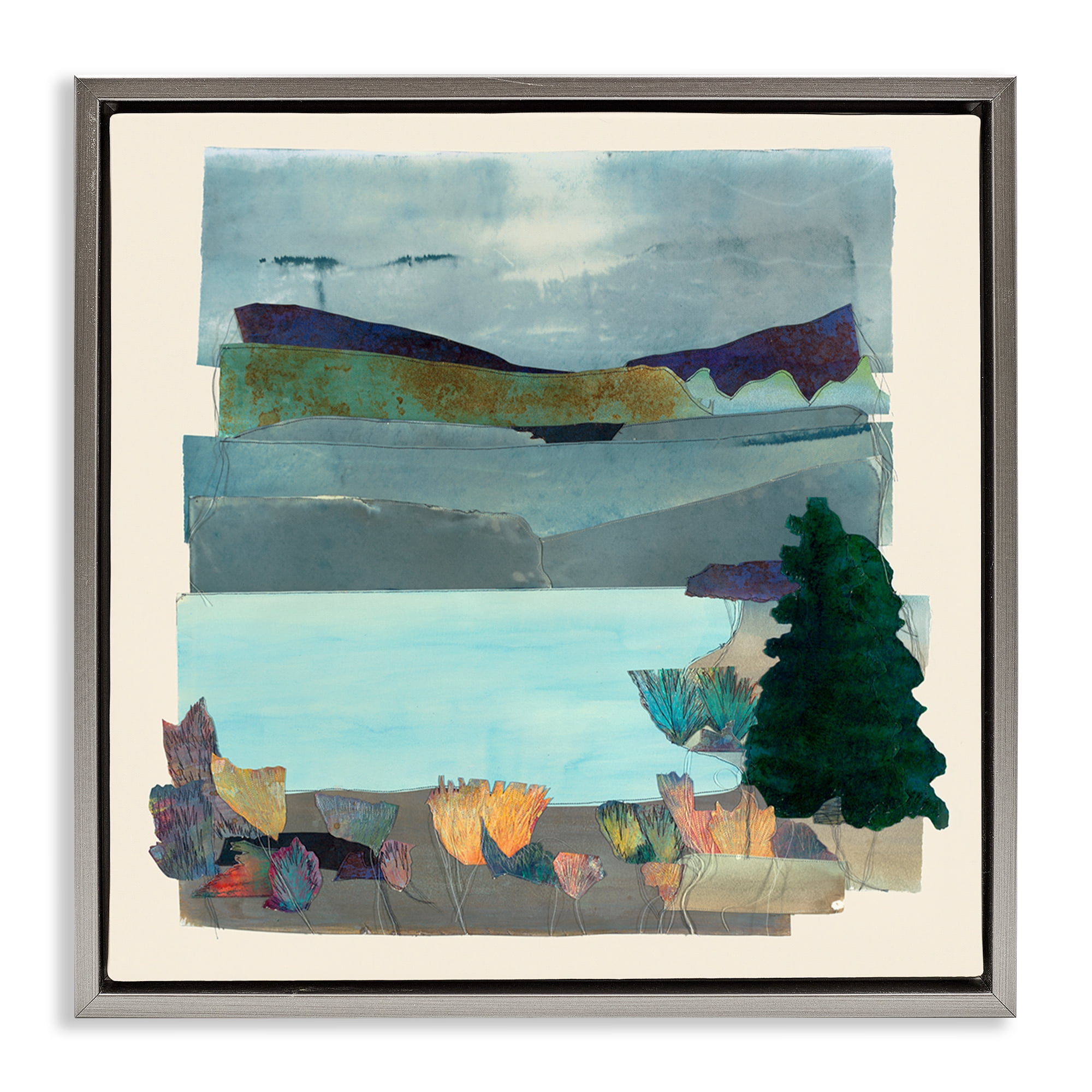 Stupell Industries Abstract Lake View Scene Abstract Painting Gray Floater Framed Canvas Art Print Wall Art, 18 x 18