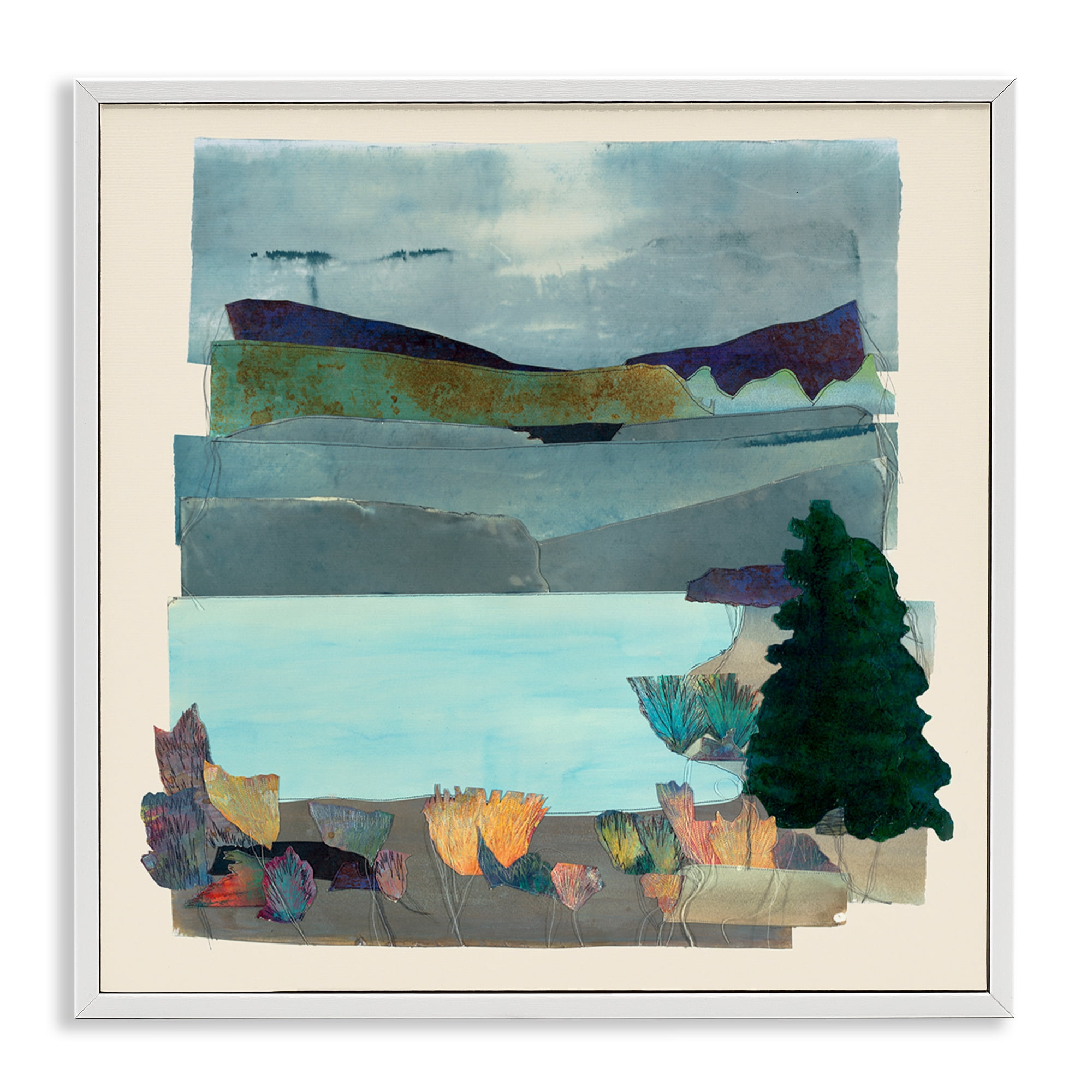 Stupell Industries Abstract Lake View Scene Abstract Painting White Framed Art Print Wall Art, 24 x 24