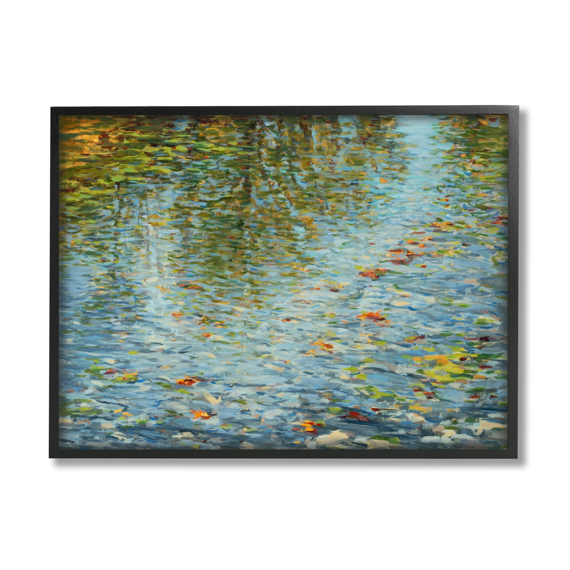 Stupell Industries Abstract Lake Water Reflection Expressive Summer Pond Leaves Paintings Black Framed Art Print Wall Art, 30x24, by Scott Brems