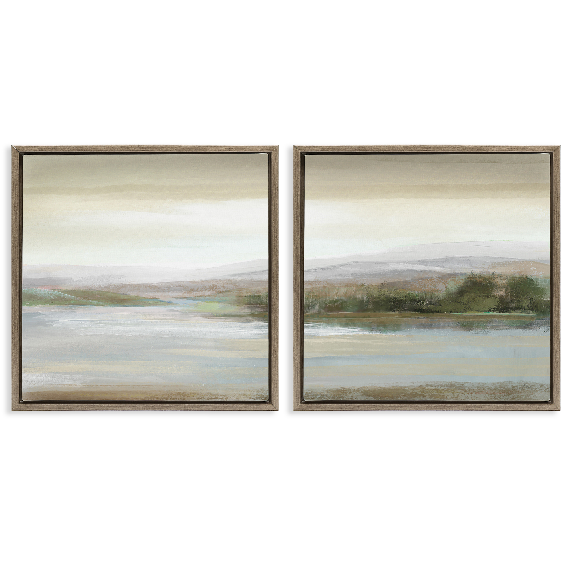 Stupell Industries Abstract Lakeside Landscape Landscape & Nature Painting Brown Floater Framed Canvas Art Print Wall Art, 18 x 18, Set of 2