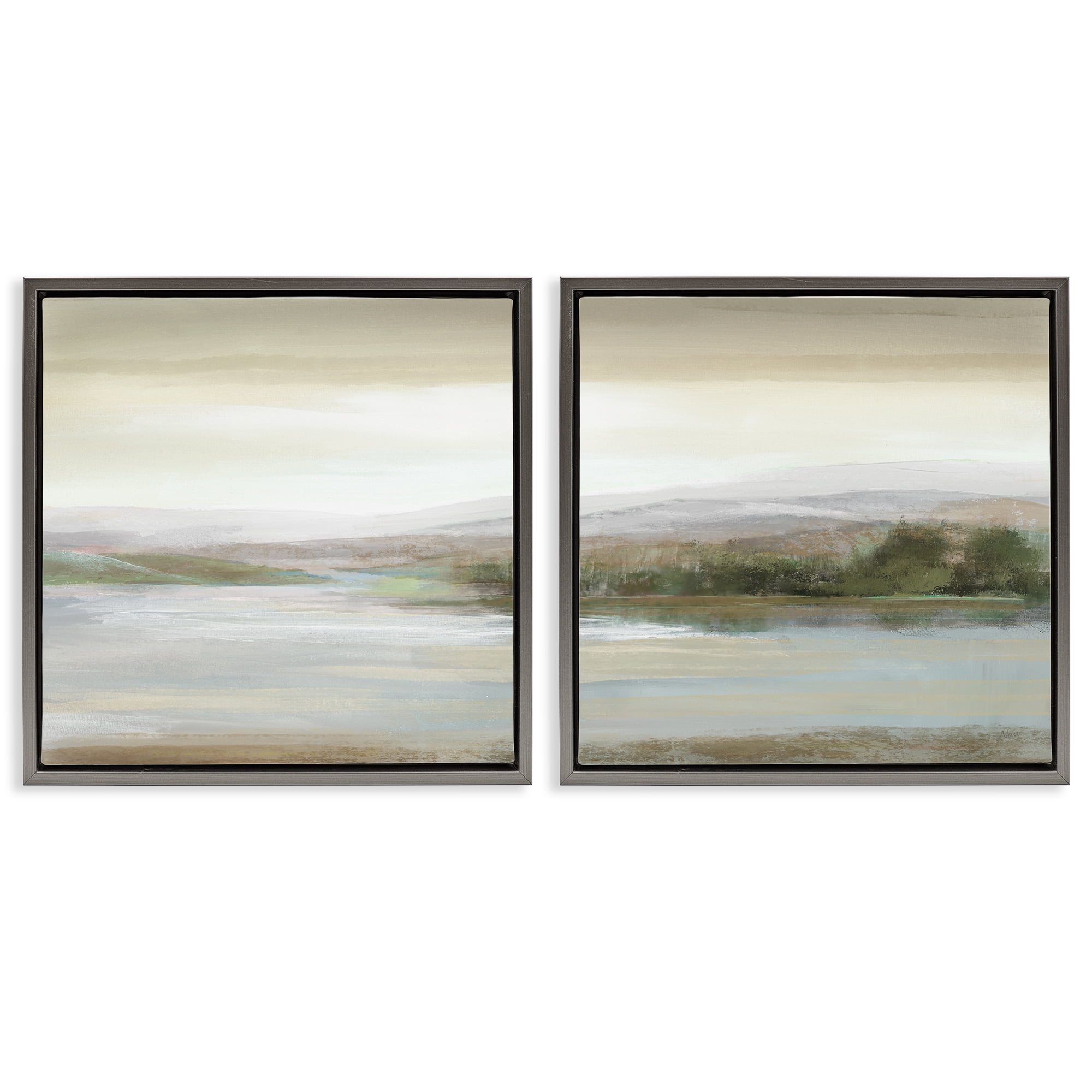 Stupell Industries Abstract Lakeside Landscape Landscape & Nature Painting Gray Floater Framed Canvas Art Print Wall Art, 25 x 25, Set of 2