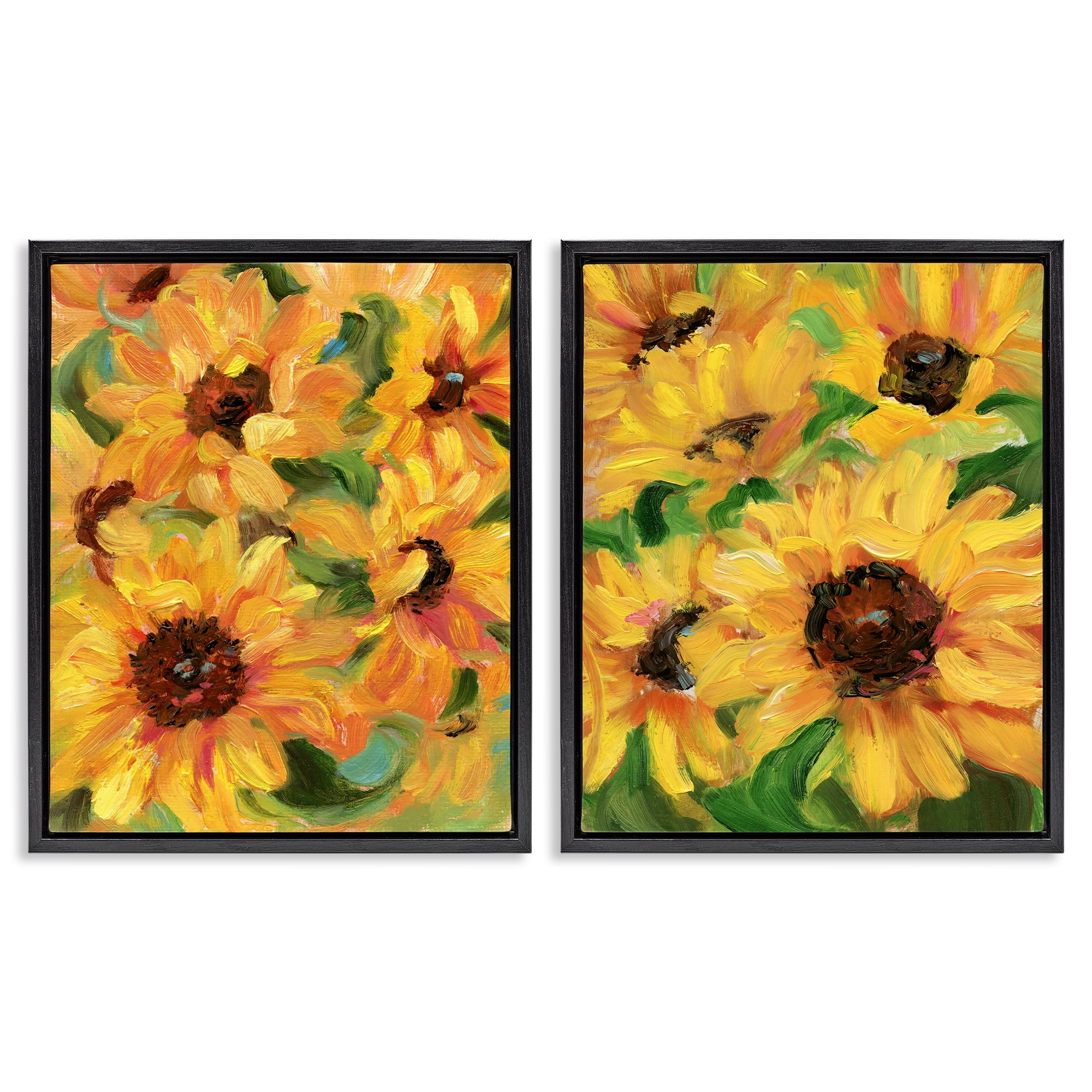 Stupell Industries Abstract Large Sunflower Blooms Plants & Flowers Painting Black Floater Framed Canvas Art Print Wall Art, 31 x 25, Set of 2