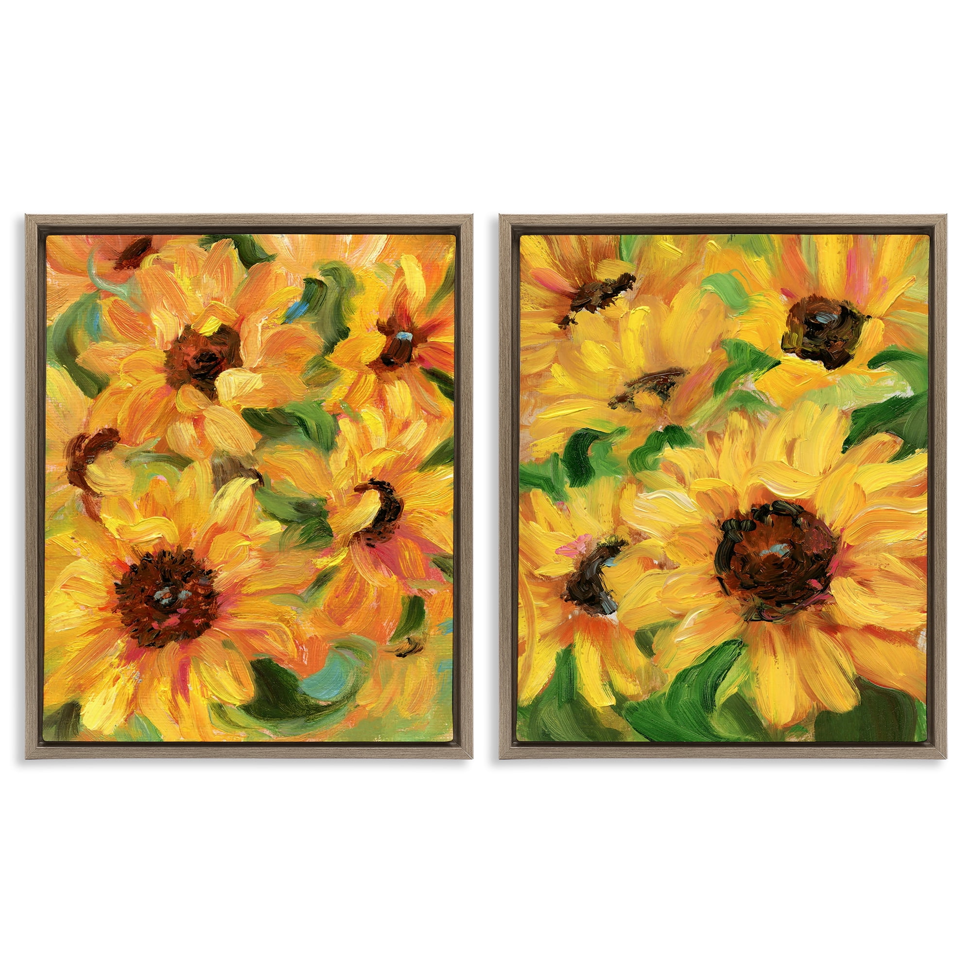 Stupell Industries Abstract Large Sunflower Blooms Plants & Flowers Painting Brown Floater Framed Canvas Art Print Wall Art, 17 x 21, Set of 2
