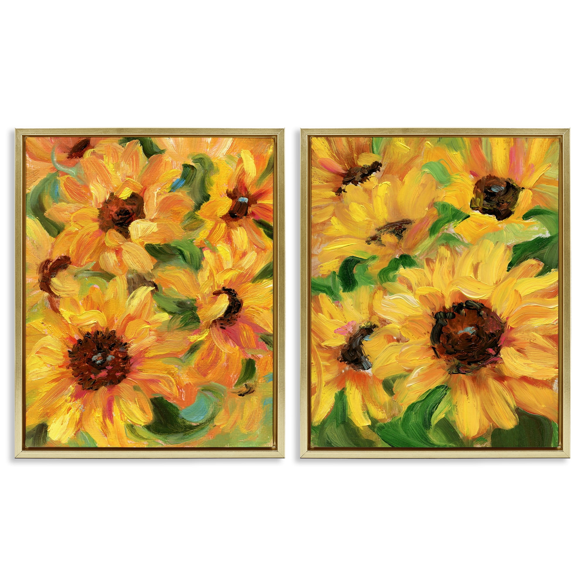 Stupell Industries Abstract Large Sunflower Blooms Plants & Flowers Painting Gold Floater Framed Canvas Art Print Wall Art, 17 x 21, Set of 2