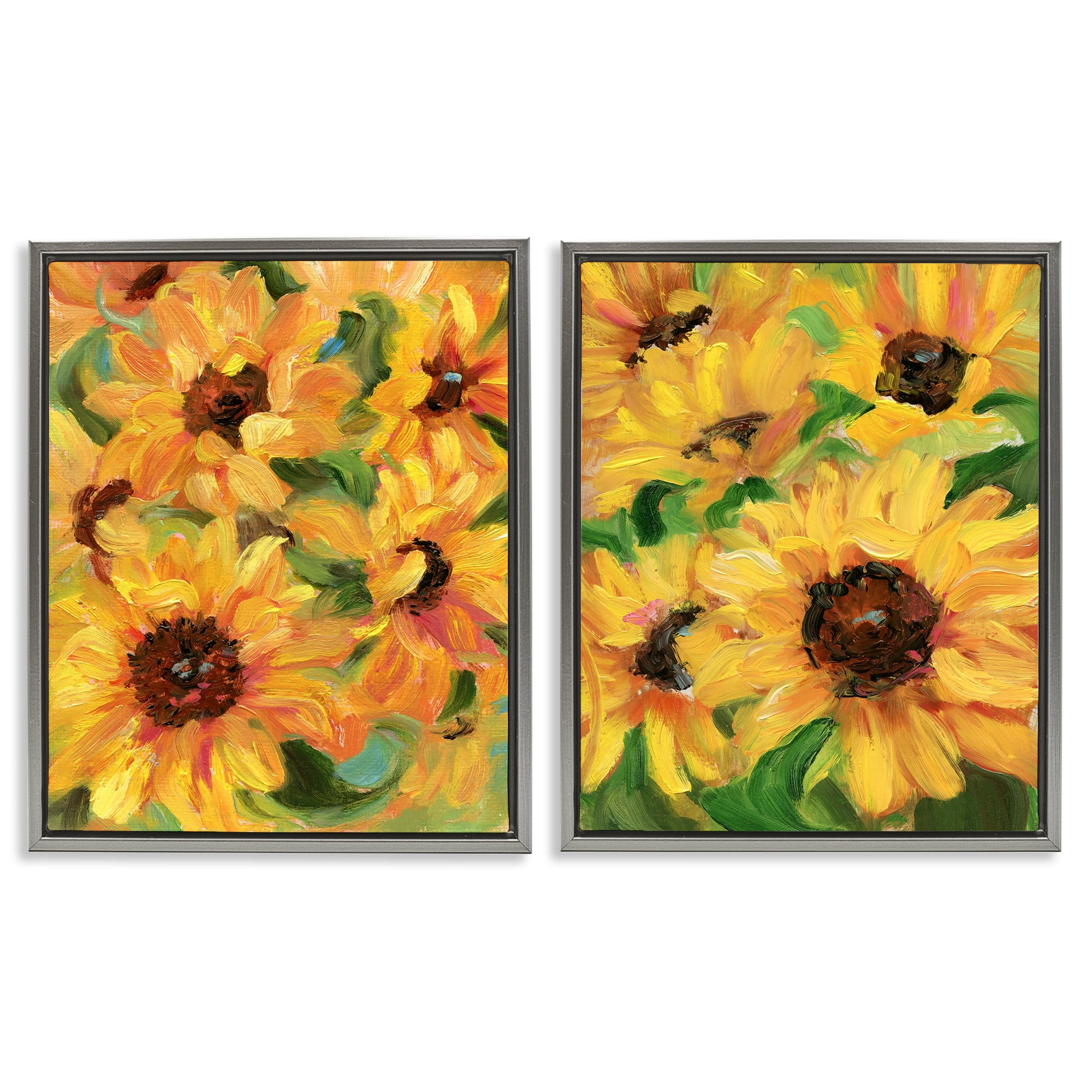 Stupell Industries Abstract Large Sunflower Blooms Plants & Flowers Painting Gray Floater Framed Canvas Art Print Wall Art, 17 x 21, Set of 2