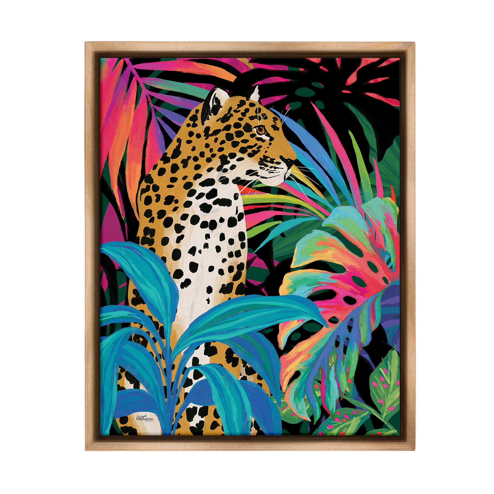 Stupell Industries Abstract Leopard & Leaves Animals & Insects Painting Brown Floater Framed Canvas Art Print Wall Art, 25 x 31