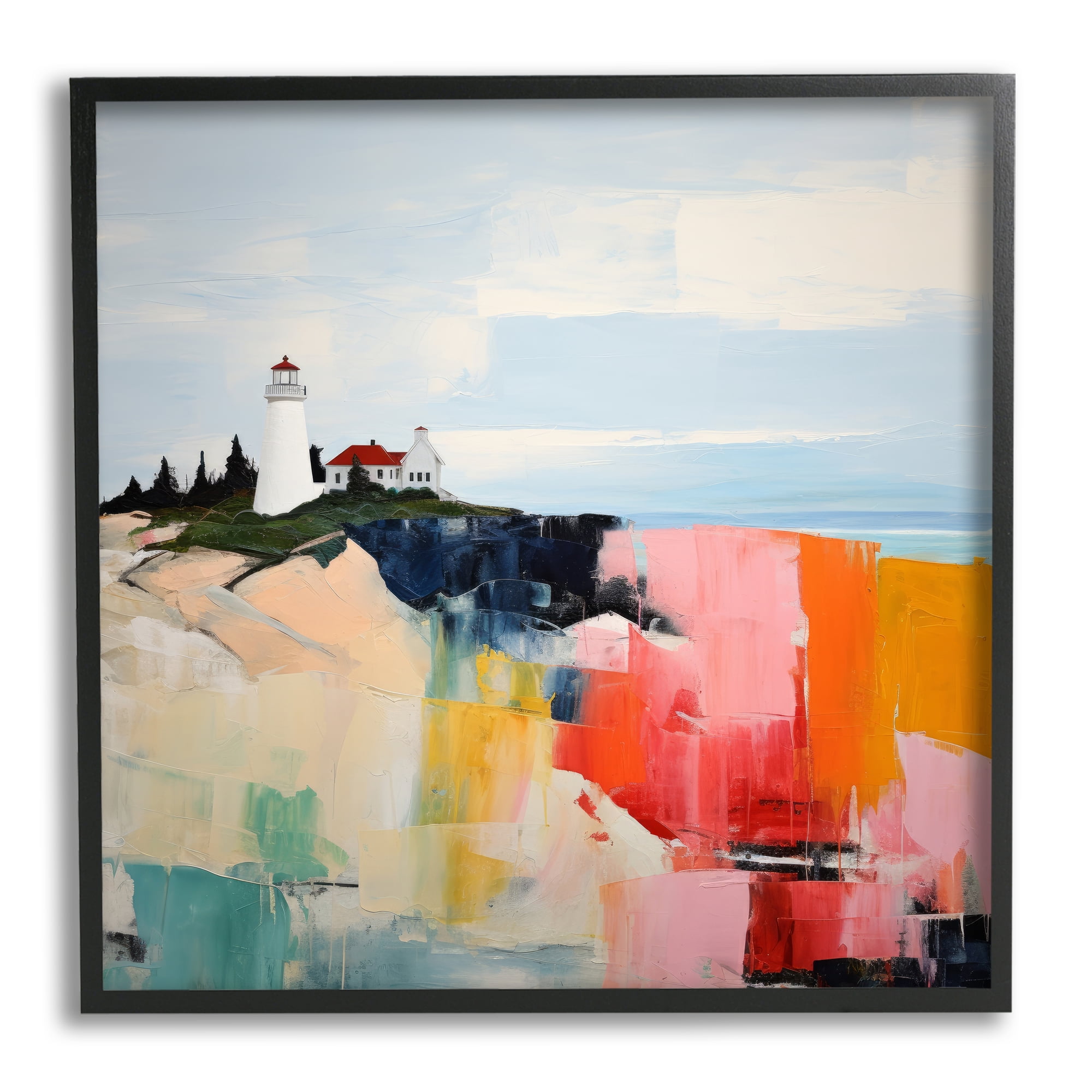 Stupell Industries Abstract Lighthouse View Landscape Painting Black Framed Art Print Wall Art, 24 x 24