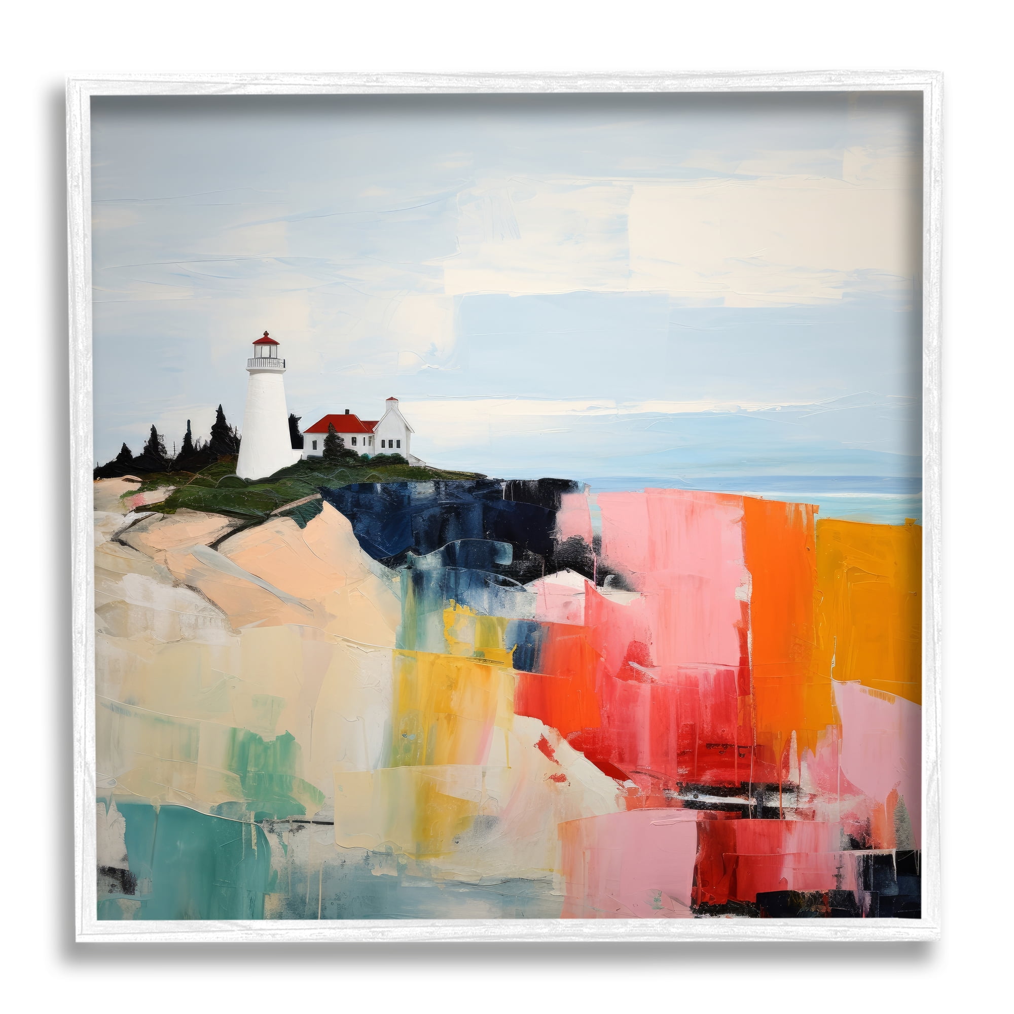 Stupell Industries Abstract Lighthouse View Landscape Painting White Framed Art Print Wall Art, 17 x 17