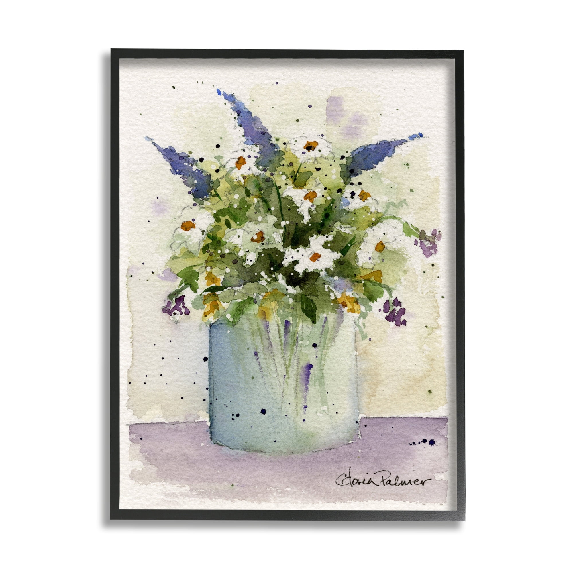 Abstract Lilac and Daisy Blooms Canvas Print with Black Frame