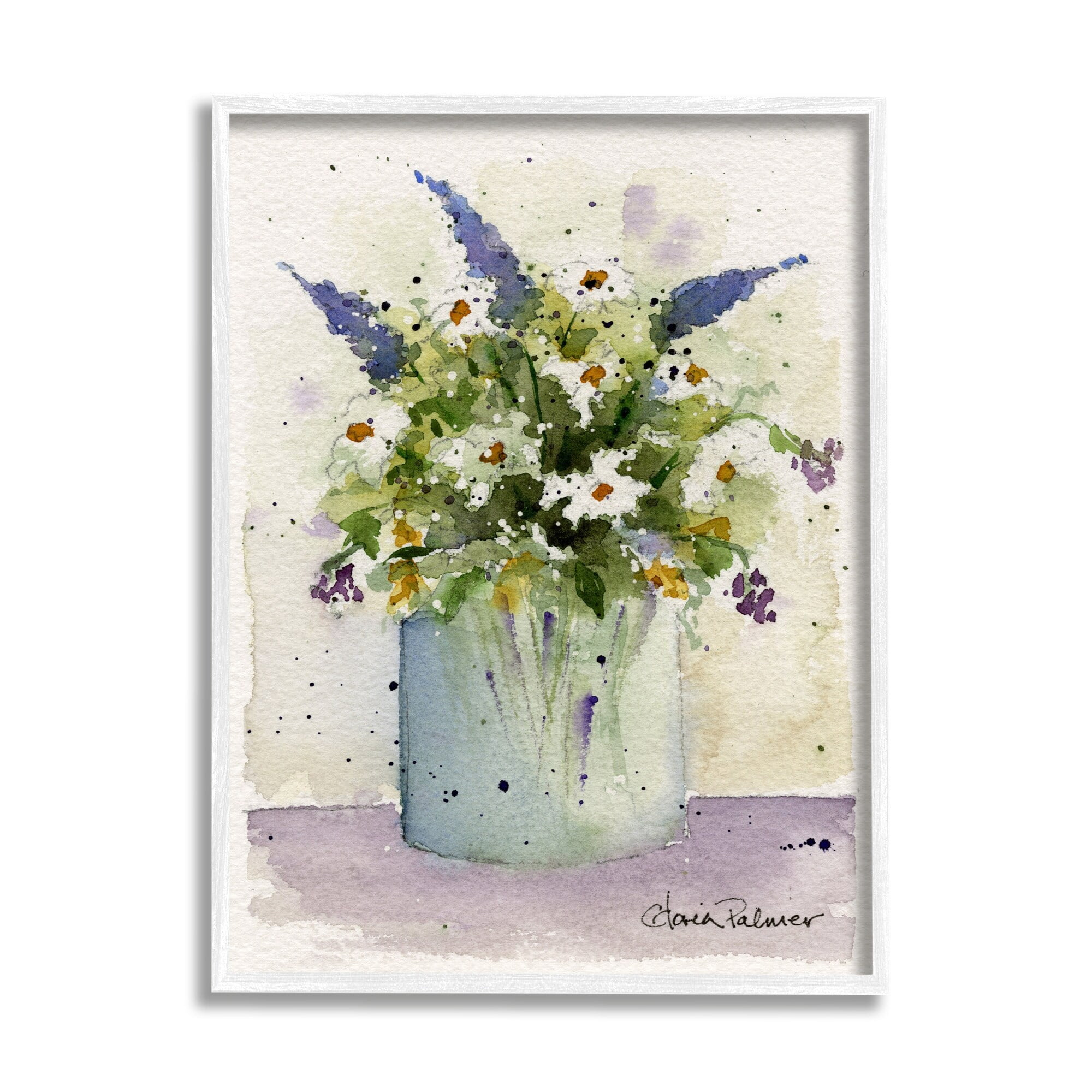 Abstract Lilac and Daisy Blooms Canvas Print with White Frame