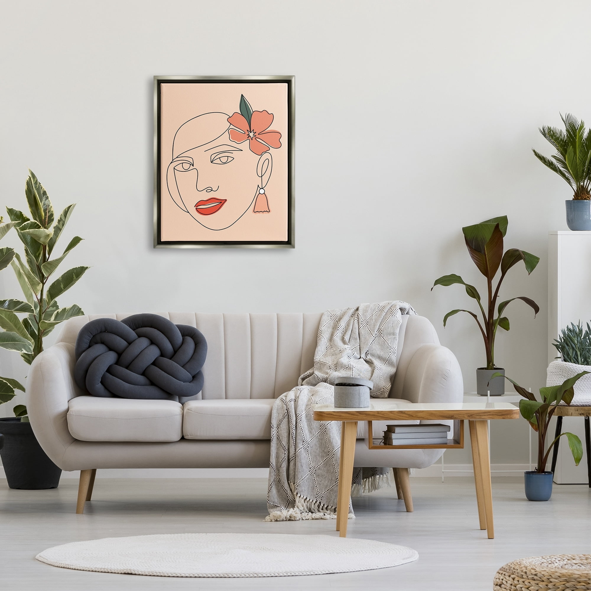 Stupell Industries Abstract Line Doodle Woman Lipstick Flower Blossom Graphic Art Luster Gray Floating Framed Canvas Print Wall Art, Design by Hey Bre! Creative Studio