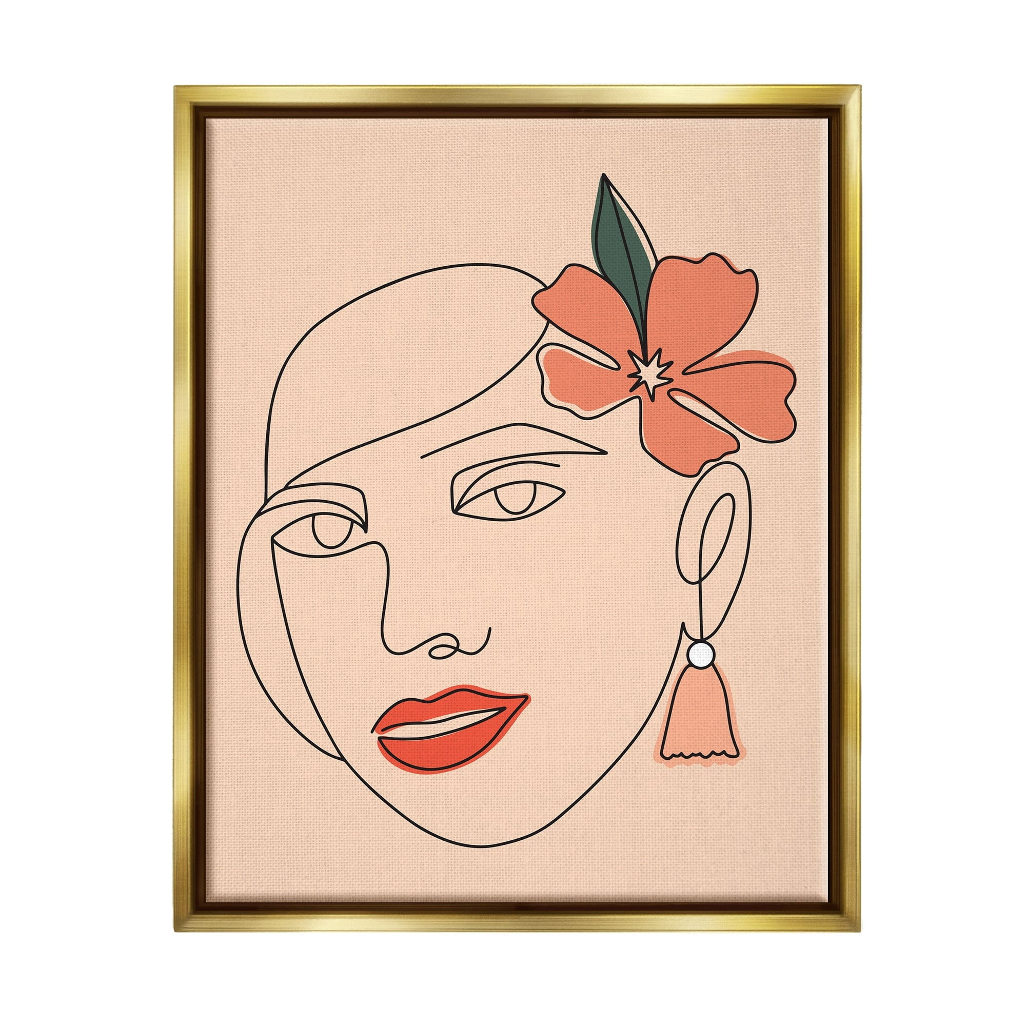 Stupell Industries Abstract Line Doodle Woman Lipstick Flower Blossom Graphic Art Metallic Gold Floating Framed Canvas Print Wall Art, Design by Hey Bre! Creative Studio