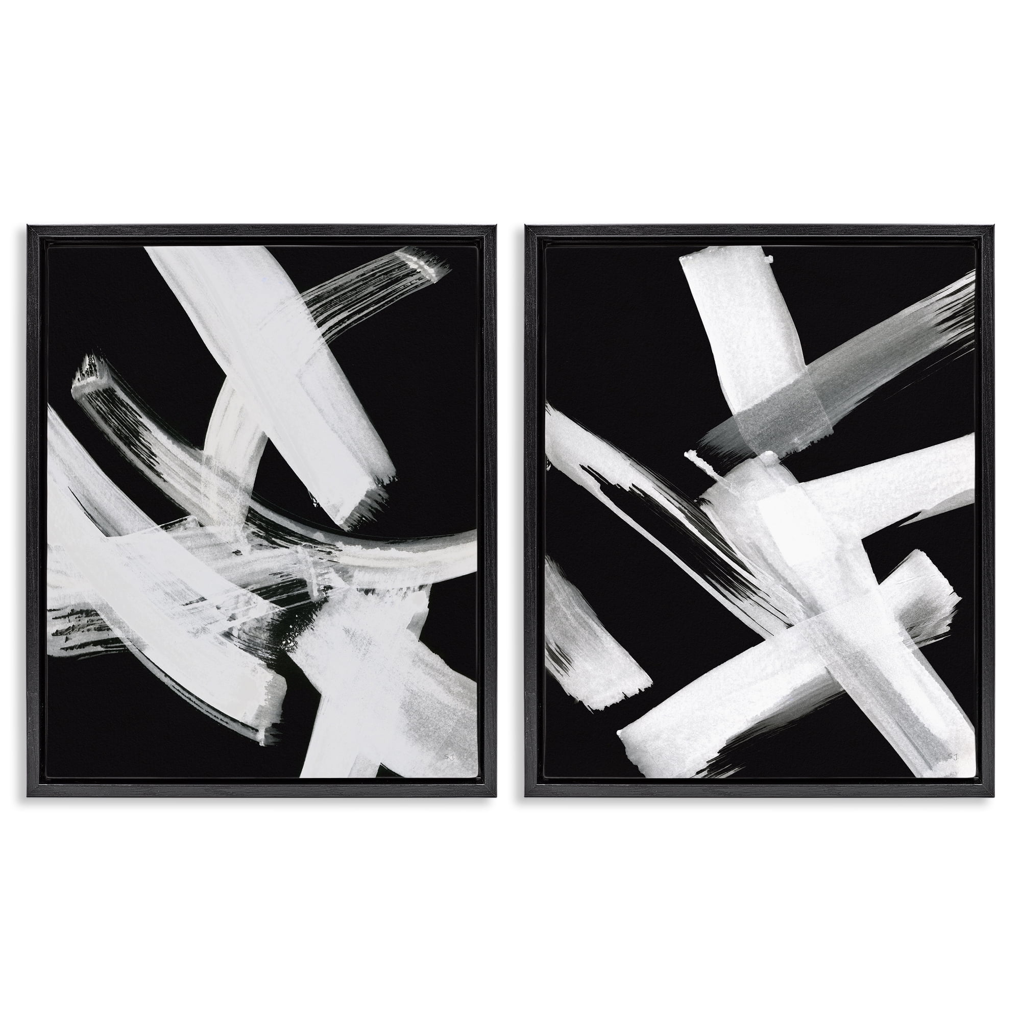 Stupell Industries Abstract Lines White on Black Abstract Painting Black Floater Framed Canvas Art Print Wall Art, 31 x 25, Set of 2
