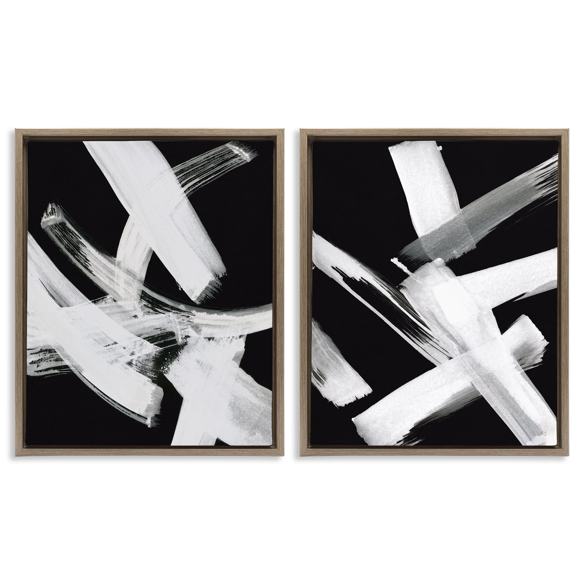Stupell Industries Abstract Lines White on Black Abstract Painting Brown Floater Framed Canvas Art Print Wall Art, 17 x 21, Set of 2