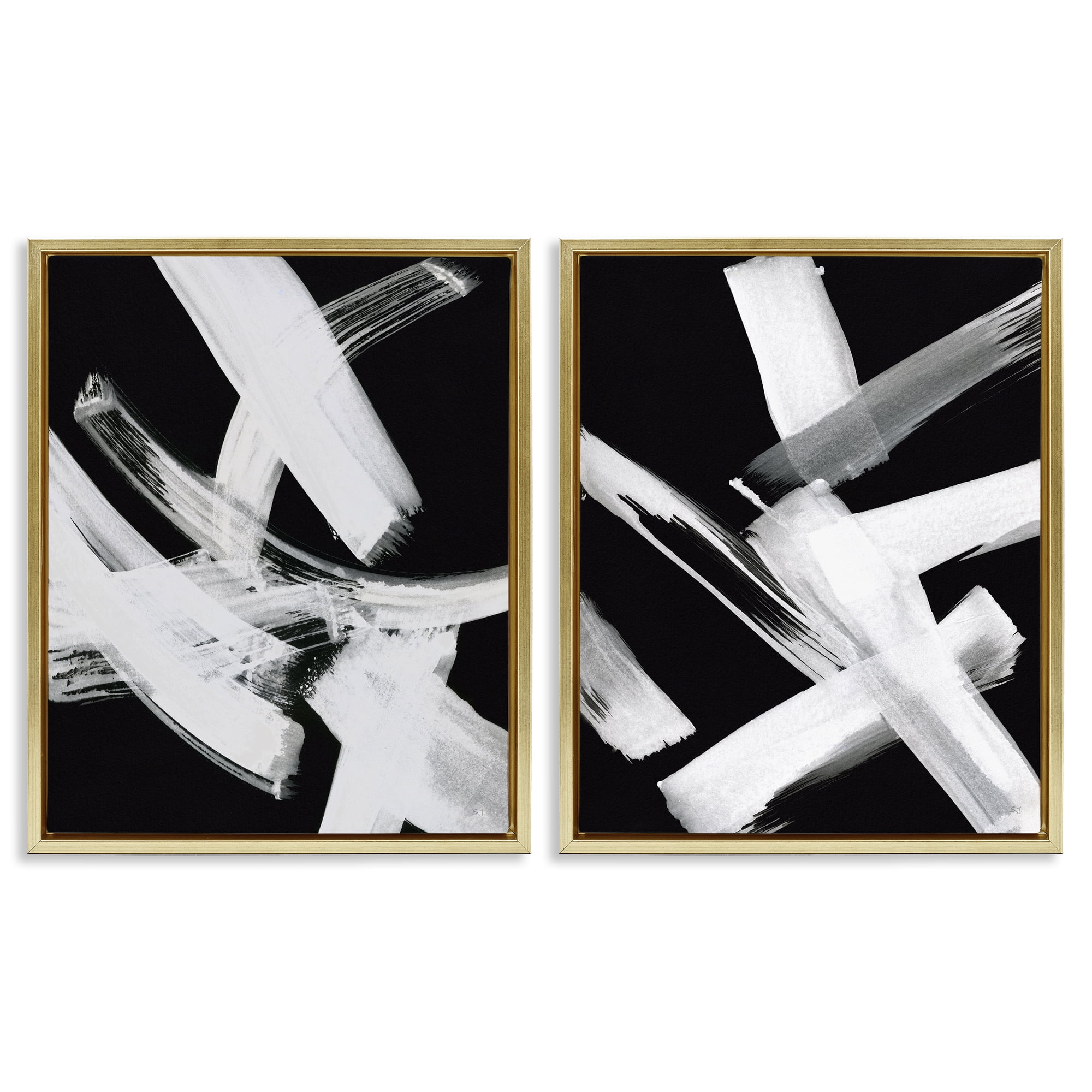 Stupell Industries Abstract Lines White on Black Abstract Painting Gold Floater Framed Canvas Art Print Wall Art, 31 x 25, Set of 2