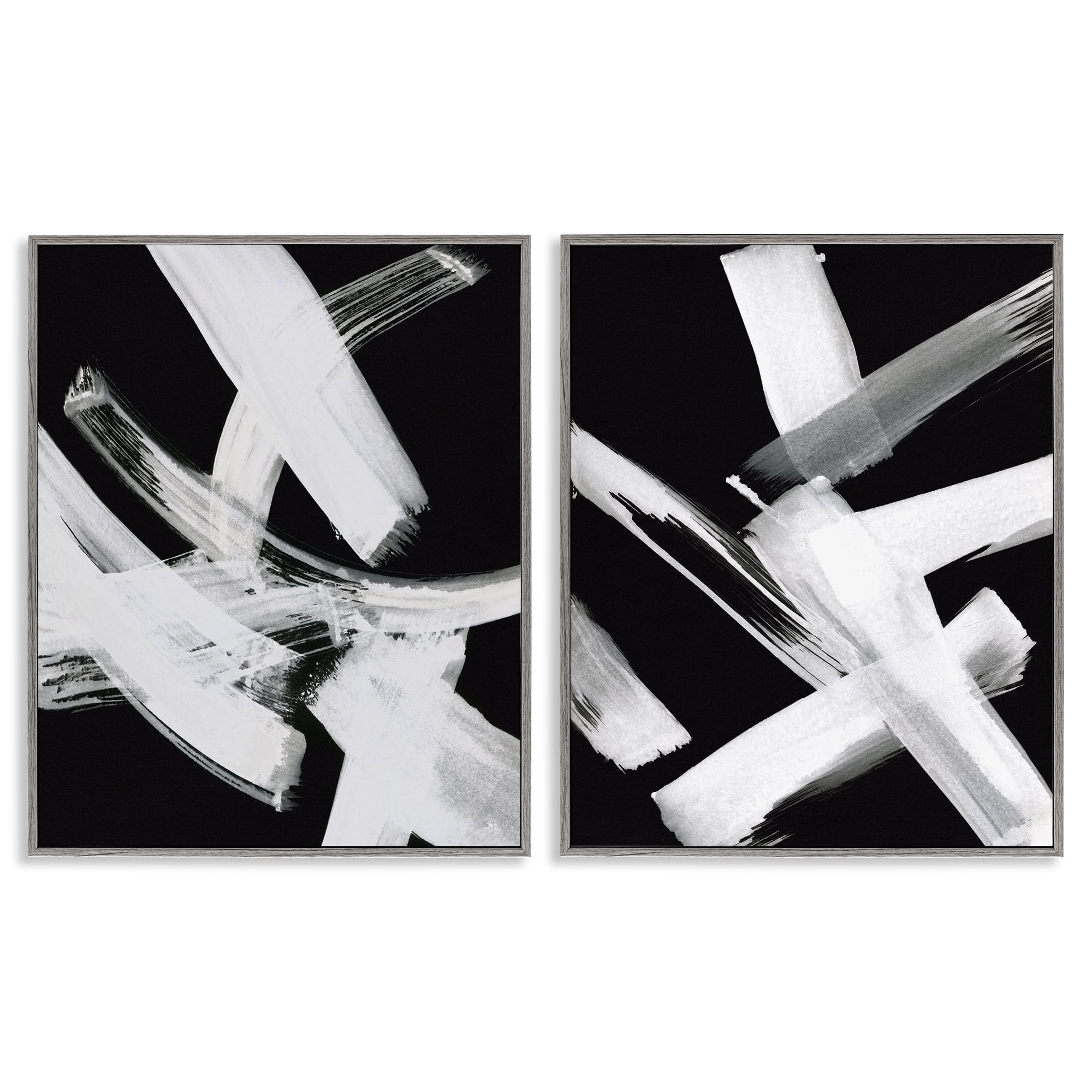 Stupell Industries Abstract Lines White on Black Abstract Painting Gray Framed Art Print Wall Art, 24 x 30, Set of 2