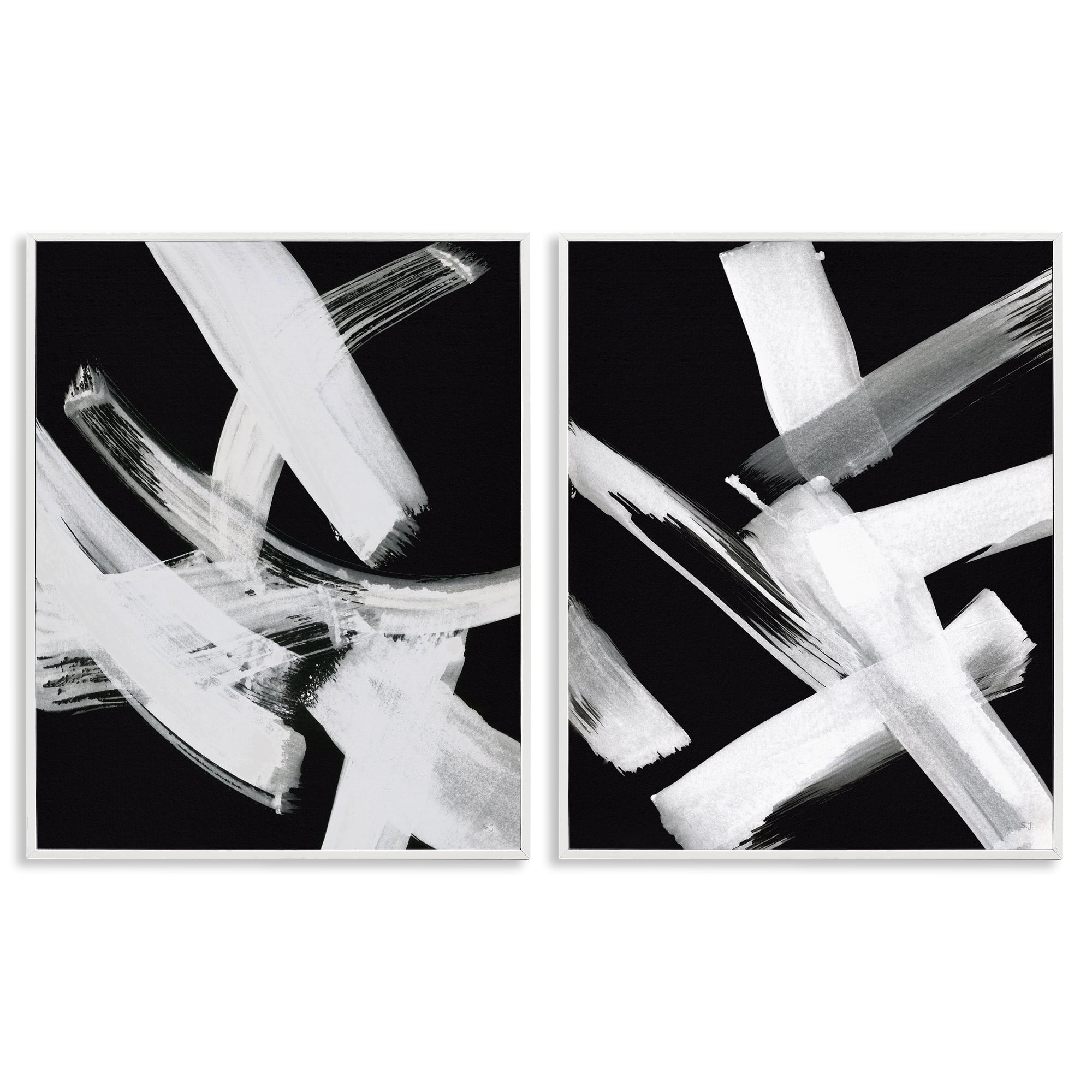 Stupell Industries Abstract Lines White on Black Abstract Painting White Framed Art Print Wall Art, 11 x 14, Set of 2