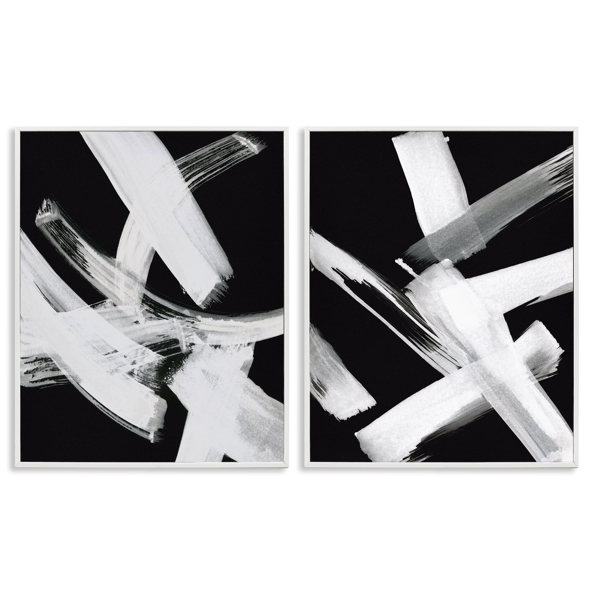 Stupell Industries Abstract Lines White on Black Abstract Painting White Framed Art Print Wall Art, 24 x 30, Set of 2