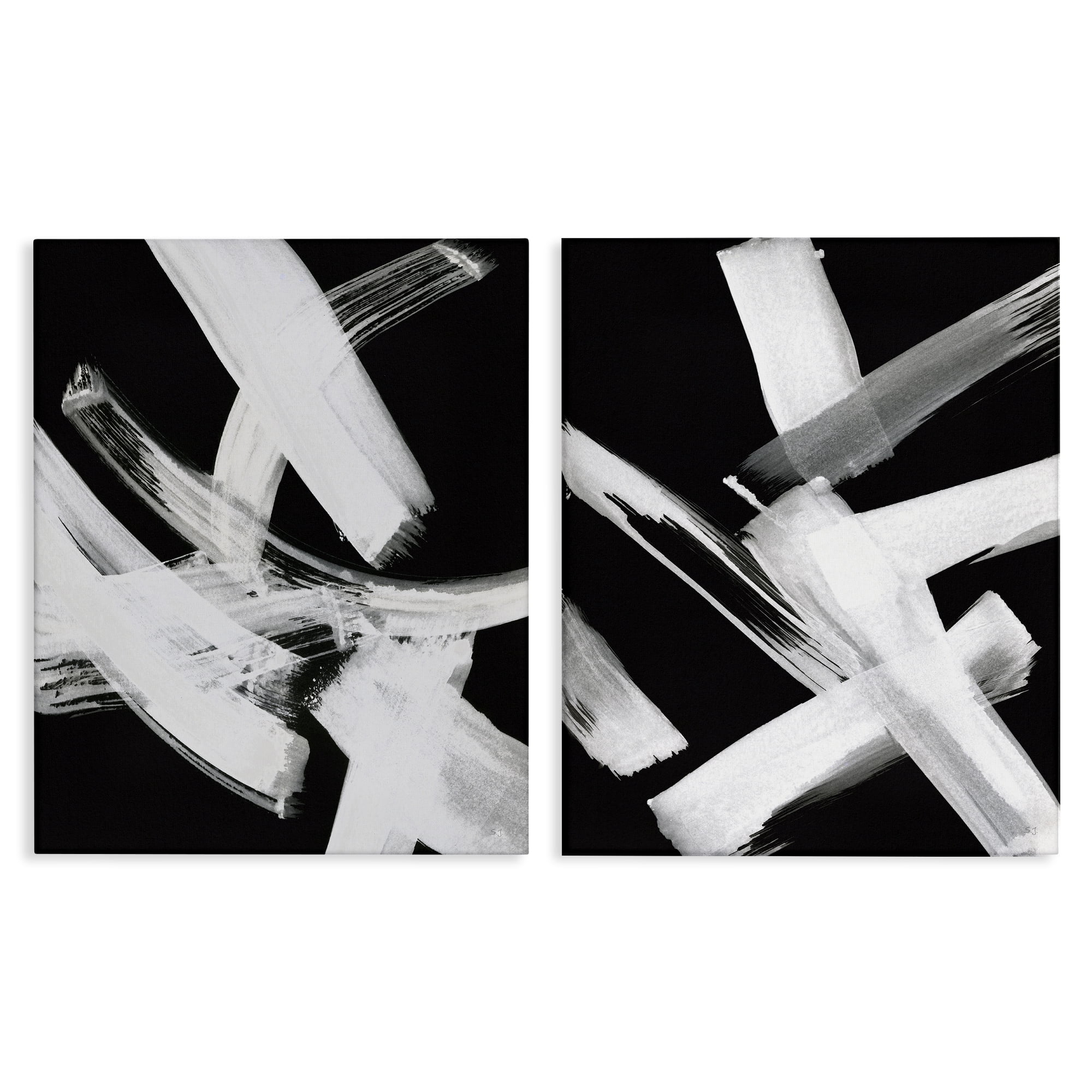 Stupell Industries Abstract Lines White on Black Abstract Painting Wrapped Canvas Art Print Wall Art, 24 x 30, Set of 2