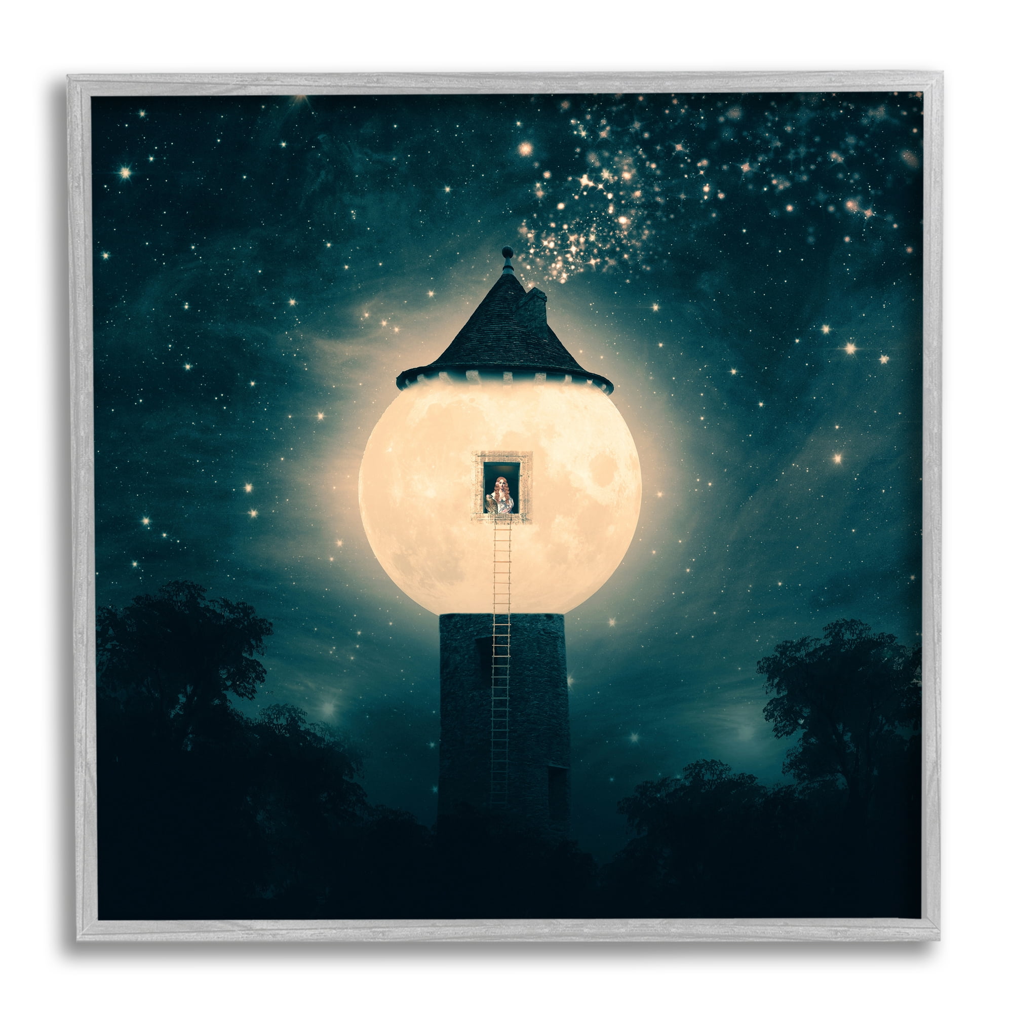 Abstract Lunar Tower Beautiful Starry Sky Forest Novelty Painting Framed Art Print Wall Art