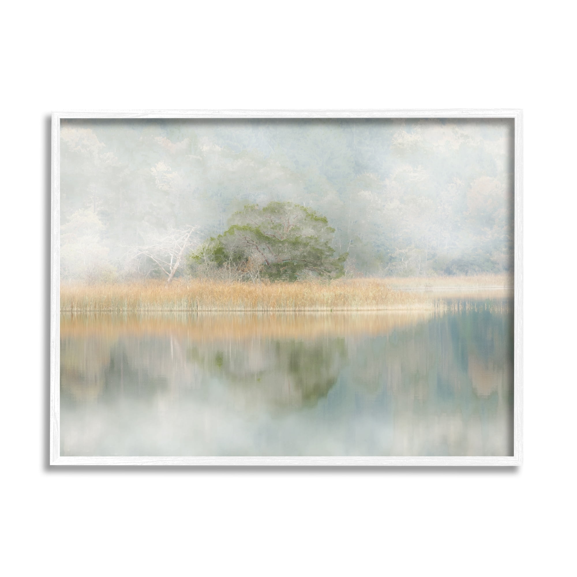 White Framed Abstract Misty Lake Landscape Canvas Print, 14 x 11