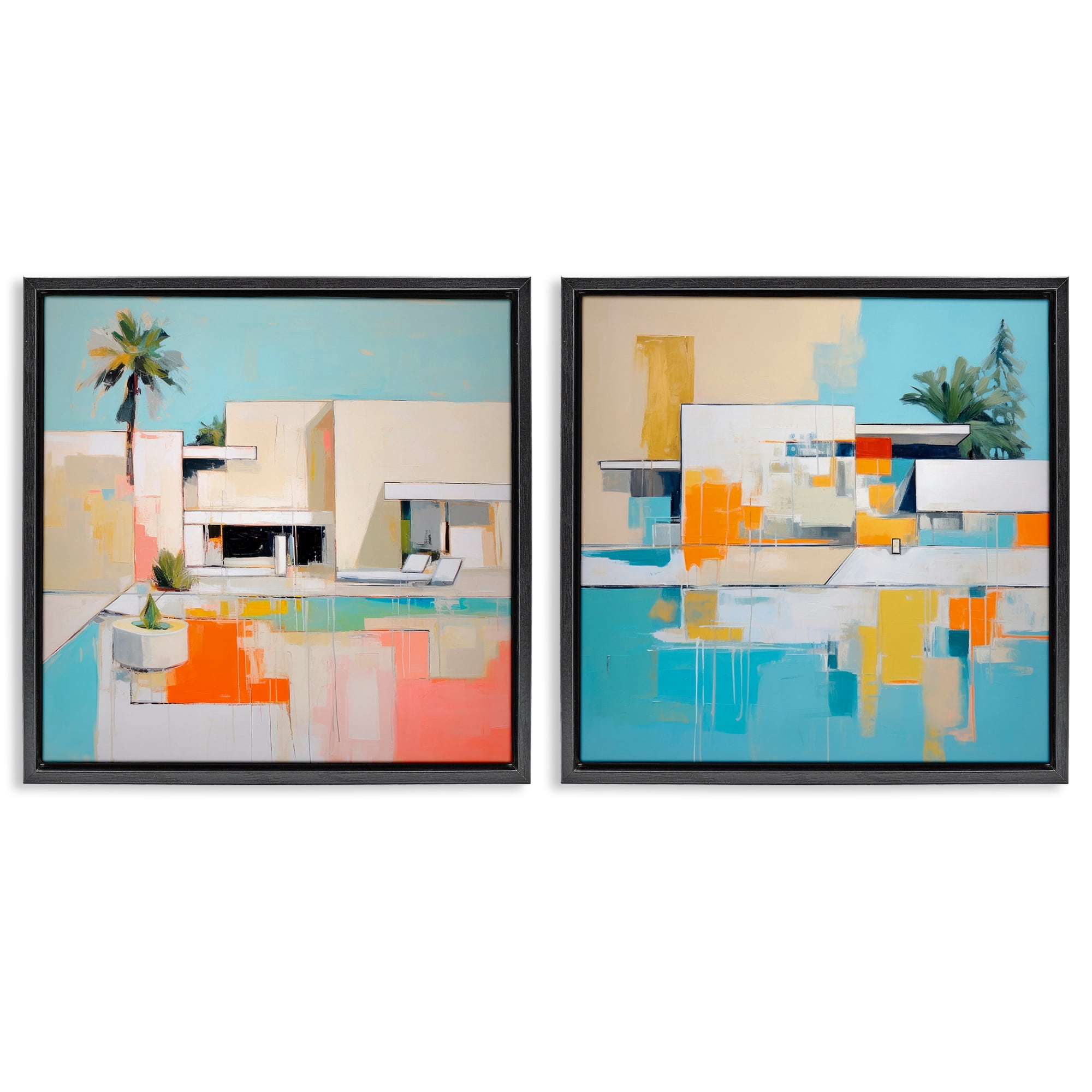 Stupell Industries Abstract Modern Tropical House Buildings & Architecture Painting Black Floater Framed Canvas Art Print Wall Art, 18 x 18, Set of 2