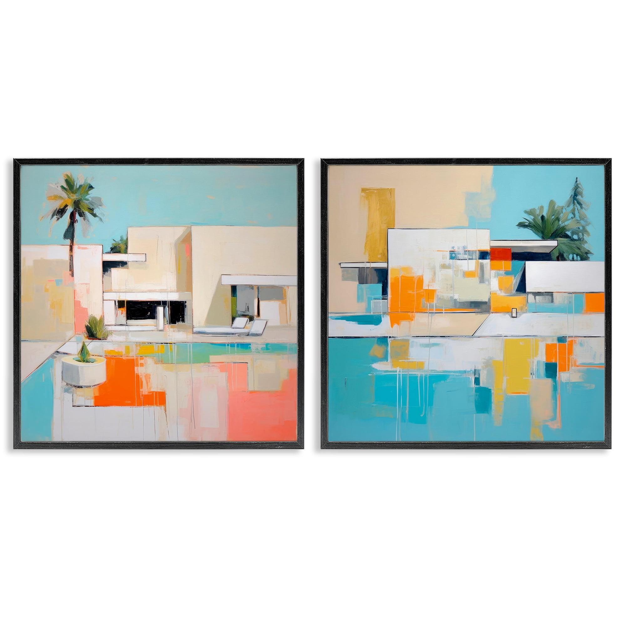 Stupell Industries Abstract Modern Tropical House Buildings & Architecture Painting Black Framed Art Print Wall Art, 17 x 17, Set of 2