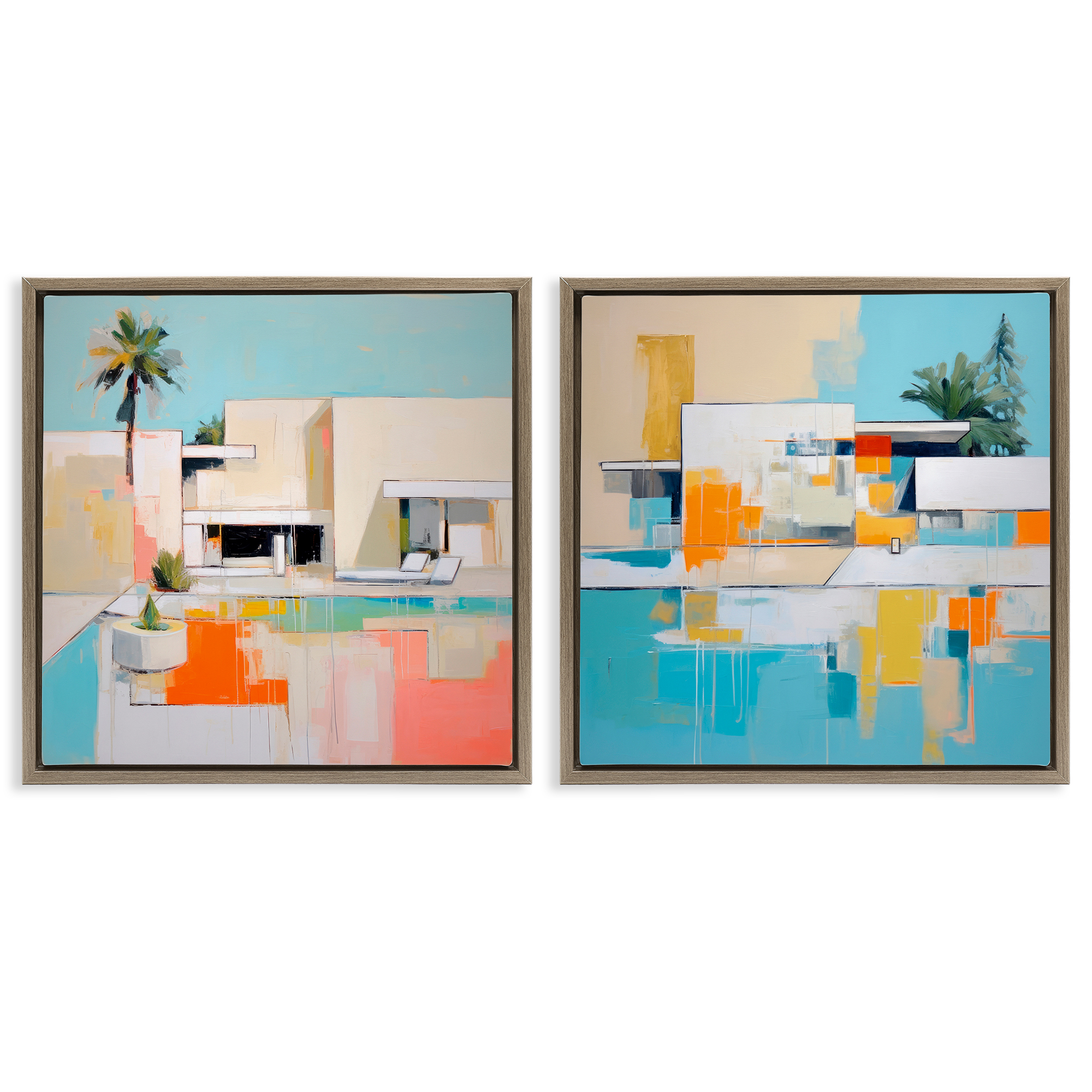 Stupell Industries Abstract Modern Tropical House Buildings & Architecture Painting Brown Floater Framed Canvas Art Print Wall Art, 18 x 18, Set of 2