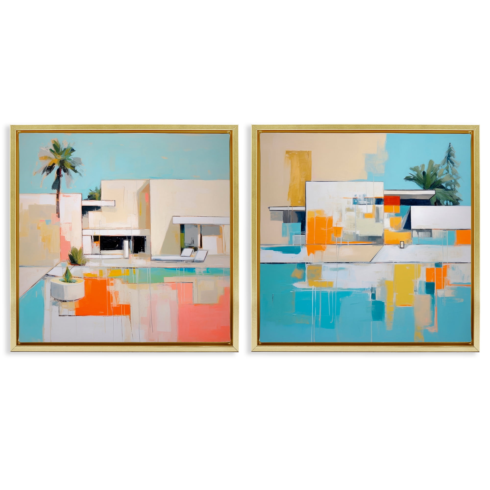 Stupell Industries Abstract Modern Tropical House Buildings & Architecture Painting Gold Floater Framed Canvas Art Print Wall Art, 18 x 18, Set of 2