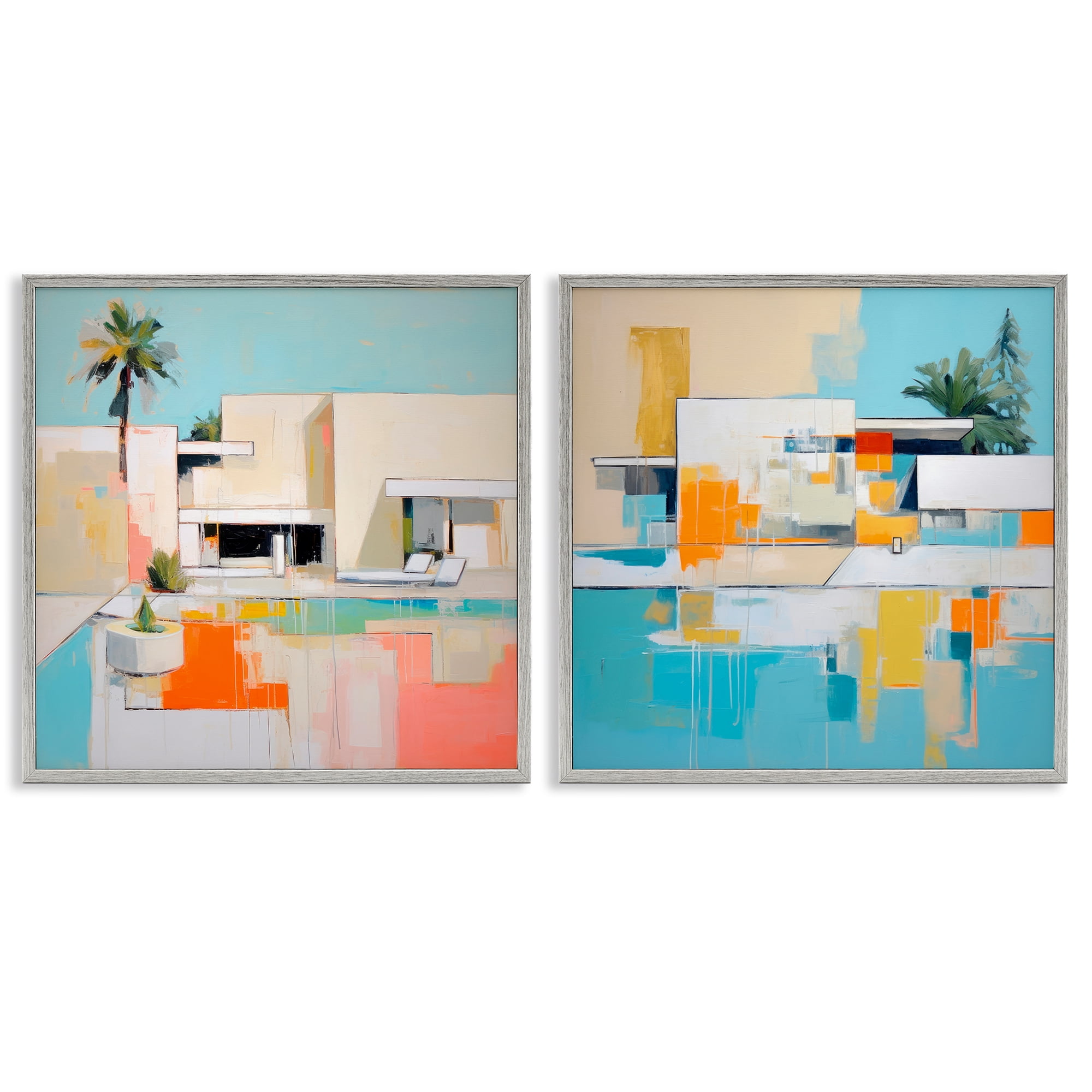 Stupell Industries Abstract Modern Tropical House Buildings & Architecture Painting Gray Framed Art Print Wall Art, 24 x 24, Set of 2