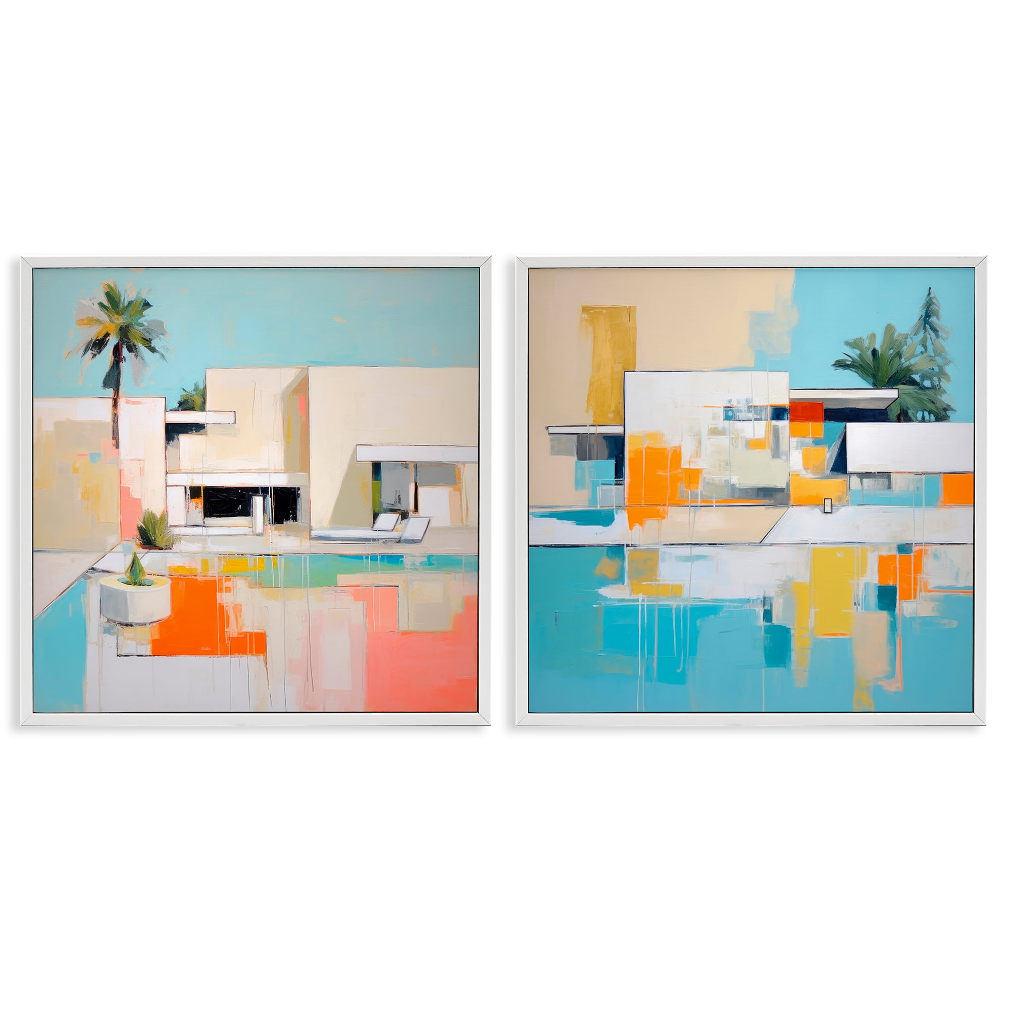 Stupell Industries Abstract Modern Tropical House Buildings & Architecture Painting White Framed Art Print Wall Art, 12 x 12, Set of 2