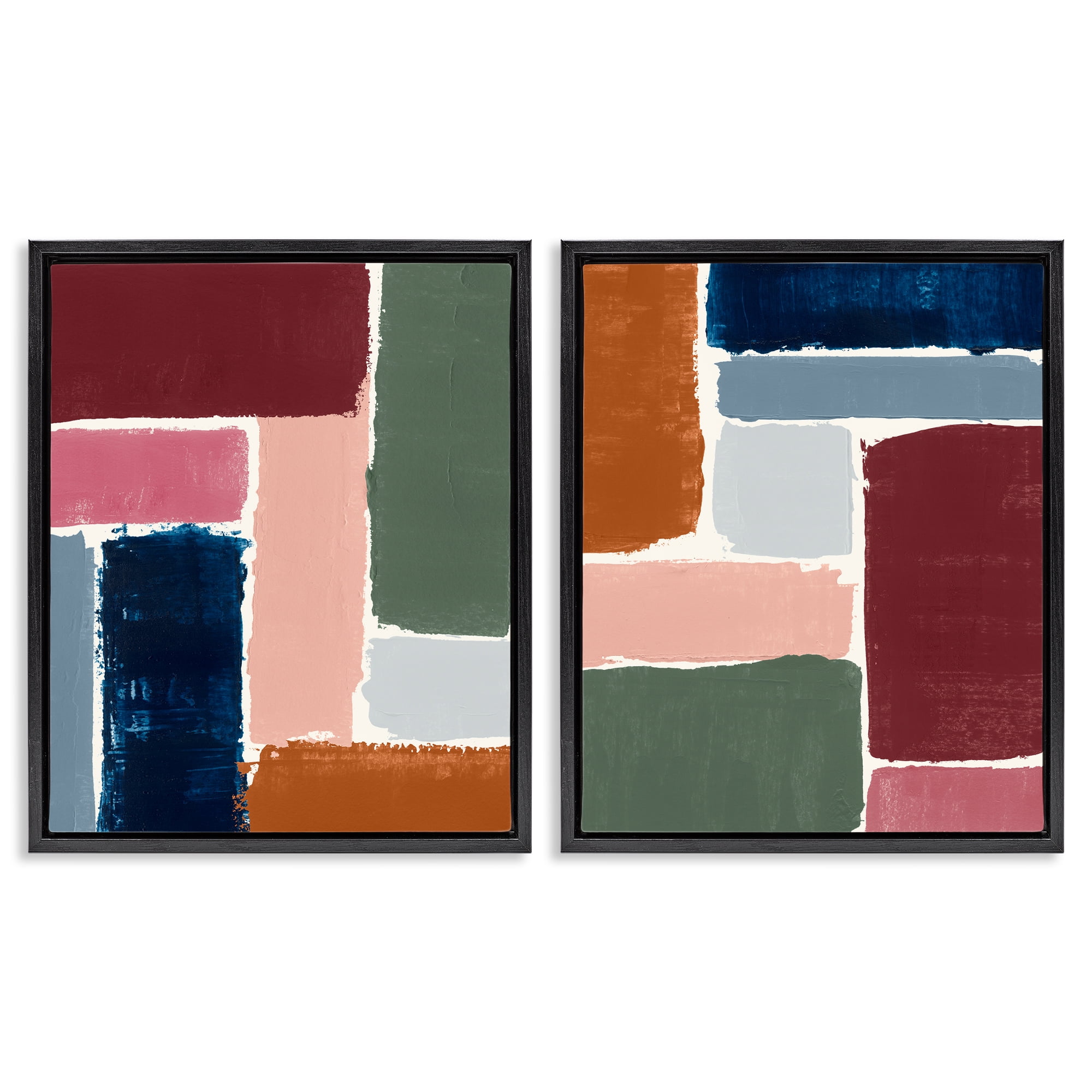 Stupell Industries Abstract Modular Color Block Abstract Painting Black Floater Framed Canvas Art Print Wall Art, 17 x 21, Set of 2