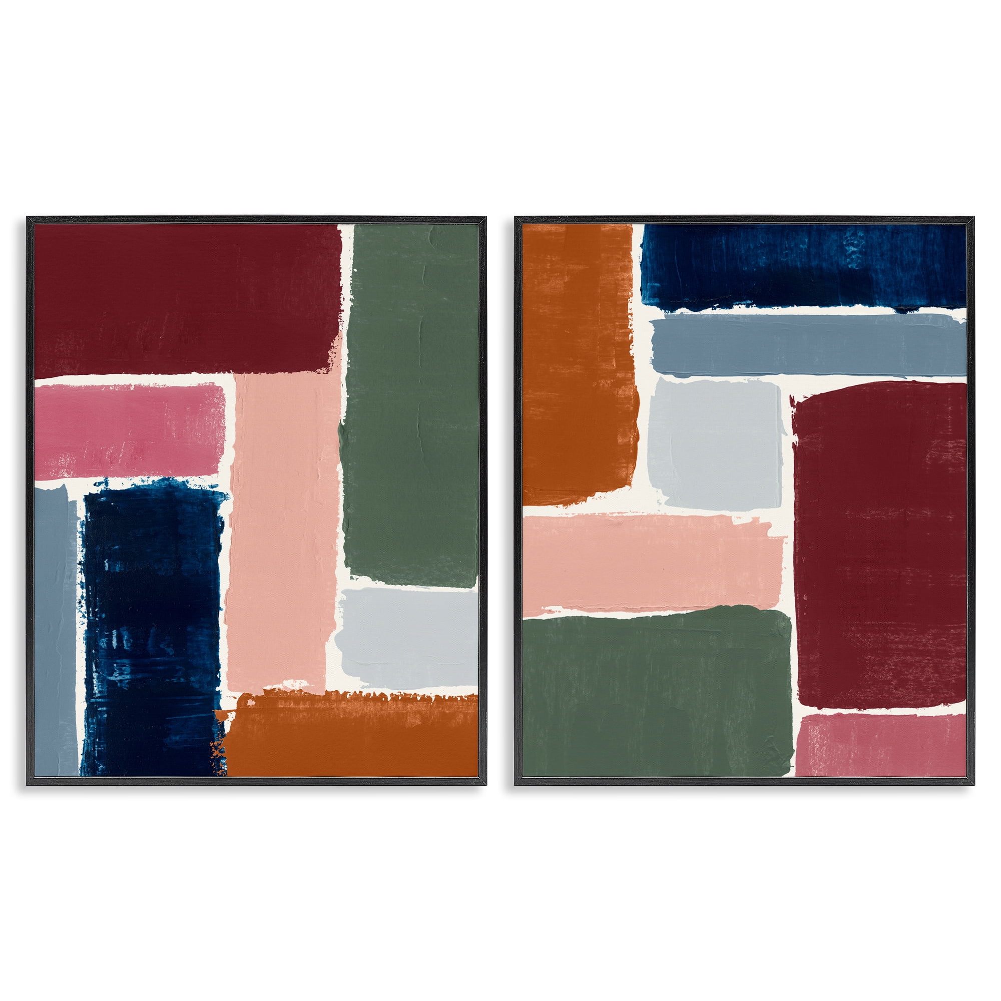 Stupell Industries Abstract Modular Color Block Abstract Painting Black Framed Art Print Wall Art, 24 x 30, Set of 2