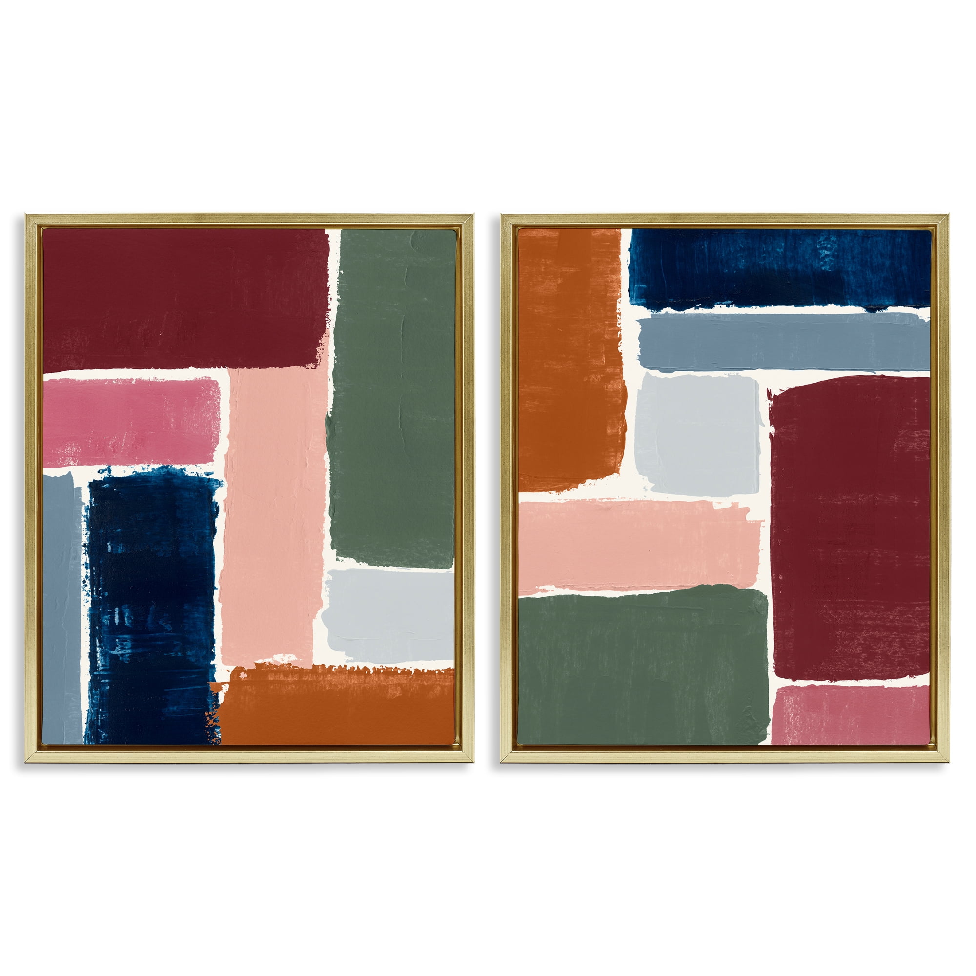 Stupell Industries Abstract Modular Color Block Abstract Painting Gold Floater Framed Canvas Art Print Wall Art, 31 x 25, Set of 2