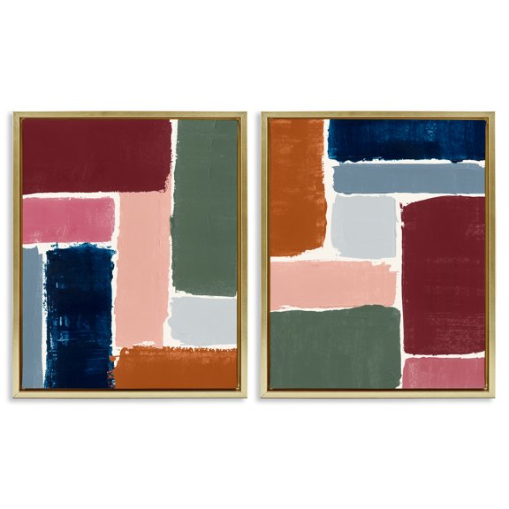 Stupell Industries Abstract Modular Color Block Abstract Painting Gold Floater Framed Canvas Art Print Wall Art, 31 x 25, Set of 2