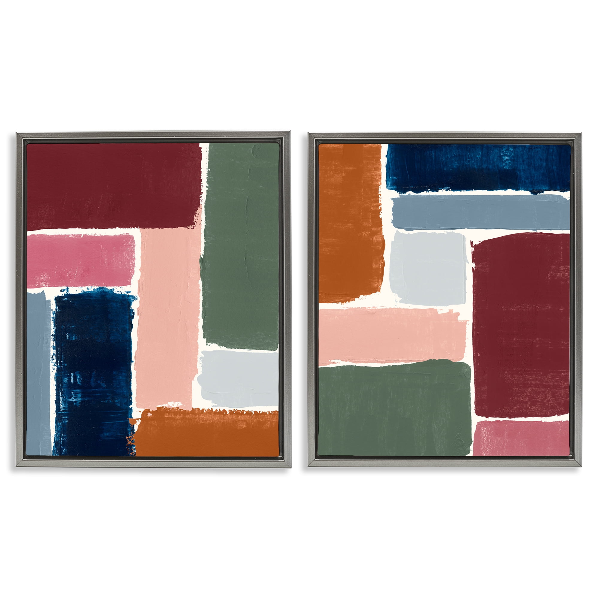 Stupell Industries Abstract Modular Color Block Abstract Painting Gray Floater Framed Canvas Art Print Wall Art, 31 x 25, Set of 2