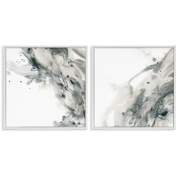 Stupell Industries Abstract Monochromatic Liquid Abstract Painting White Framed Art Print Wall Art, 12 x 12, Set of 2