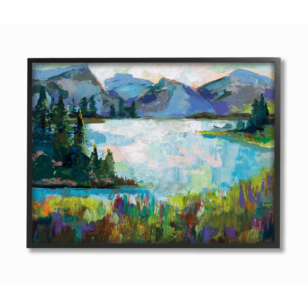 Stupell Industries Abstract Mountains and Lake Pine Landscape Painting Framed Wall Art Design by Jeanette Vertentes, 11" x 14", Black Framed