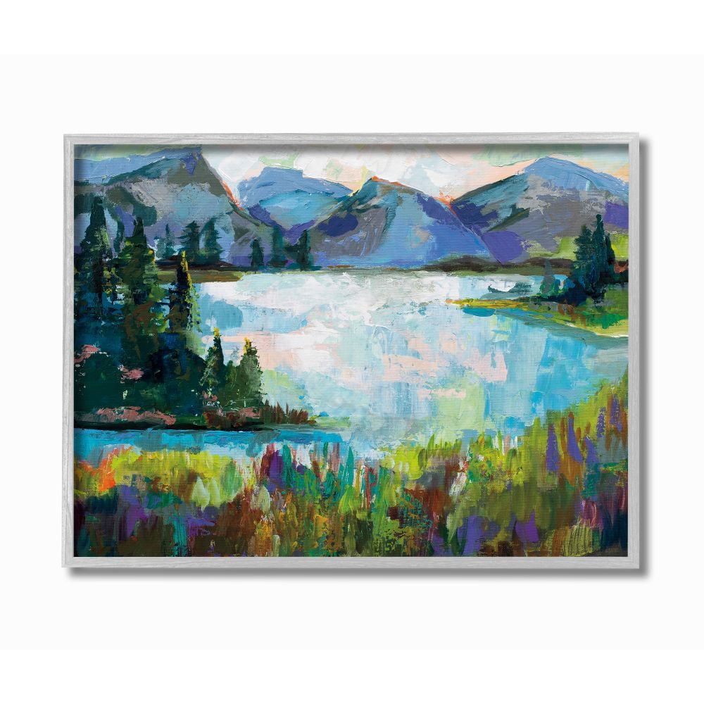 Stupell Industries Abstract Mountains and Lake Pine Landscape Painting Framed Wall Art Design by Jeanette Vertentes, 11" x 14", Gray Framed