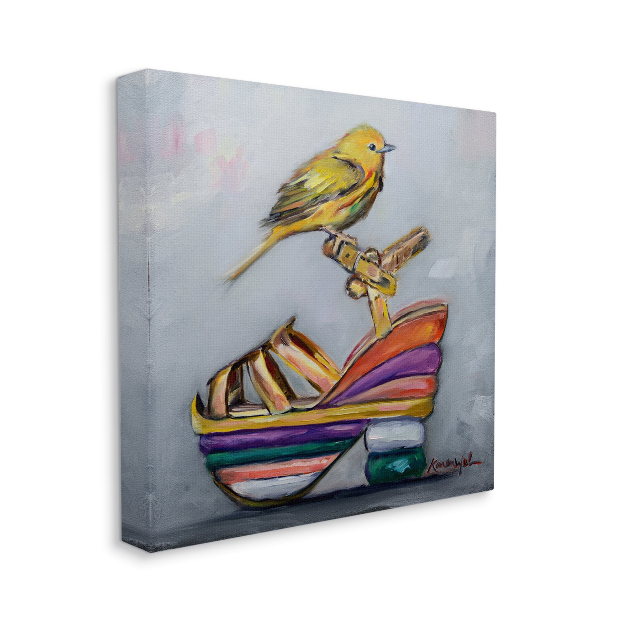 Stupell Industries Abstract Multi-Color Shoe with Yellow Warbler Canvas Wall Art by Karen Weber Fine Art