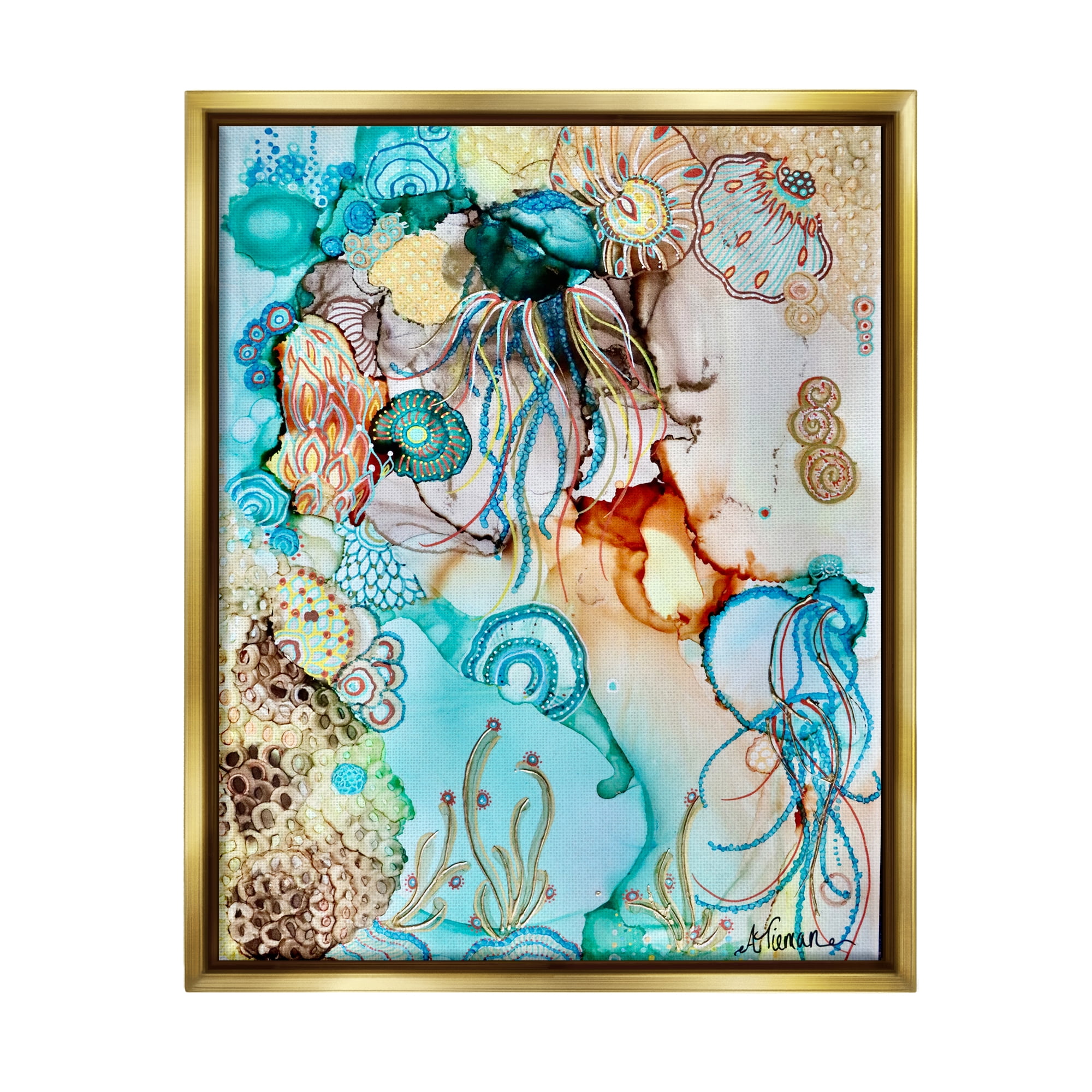 Stupell Industries Abstract Nautical Pattern Abstract Painting Gold Floater Framed Canvas Art Print Wall Art, 17 x 21