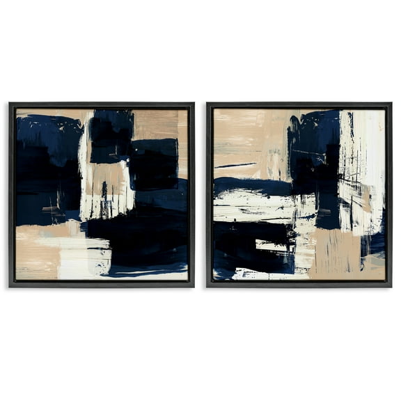 Stupell Industries Abstract Navy Neutral Abstract Painting Black Floater Framed Canvas Art Print Wall Art, 18 x 18, Set of 2