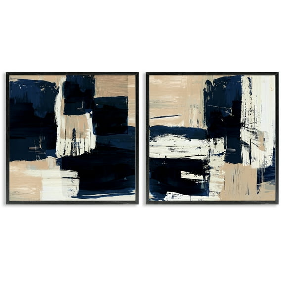 Stupell Industries Abstract Navy Neutral Abstract Painting Black Framed Art Print Wall Art, 12 x 12, Set of 2