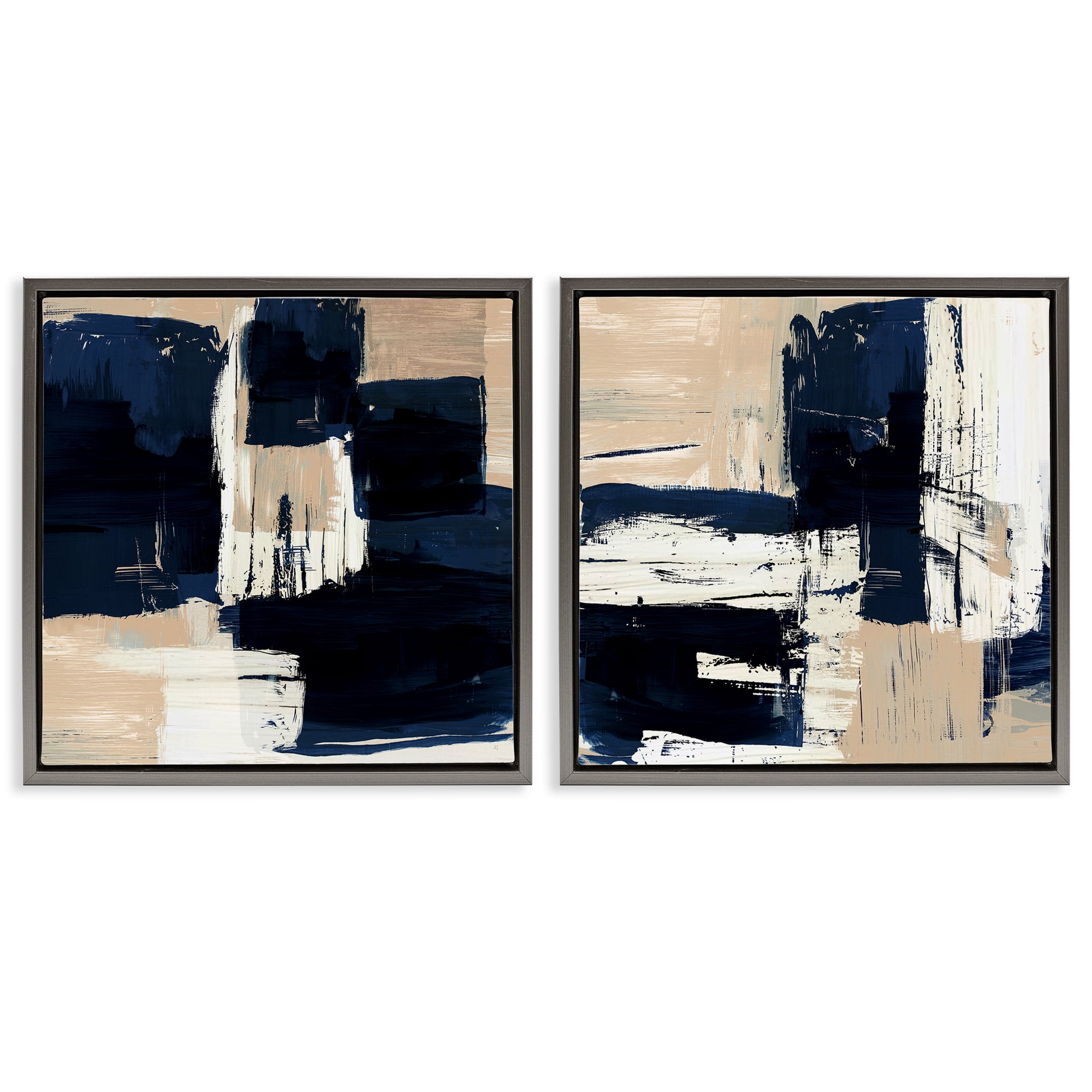 Stupell Industries Abstract Navy Neutral Abstract Painting Gray Floater Framed Canvas Art Print Wall Art, 25 x 25, Set of 2