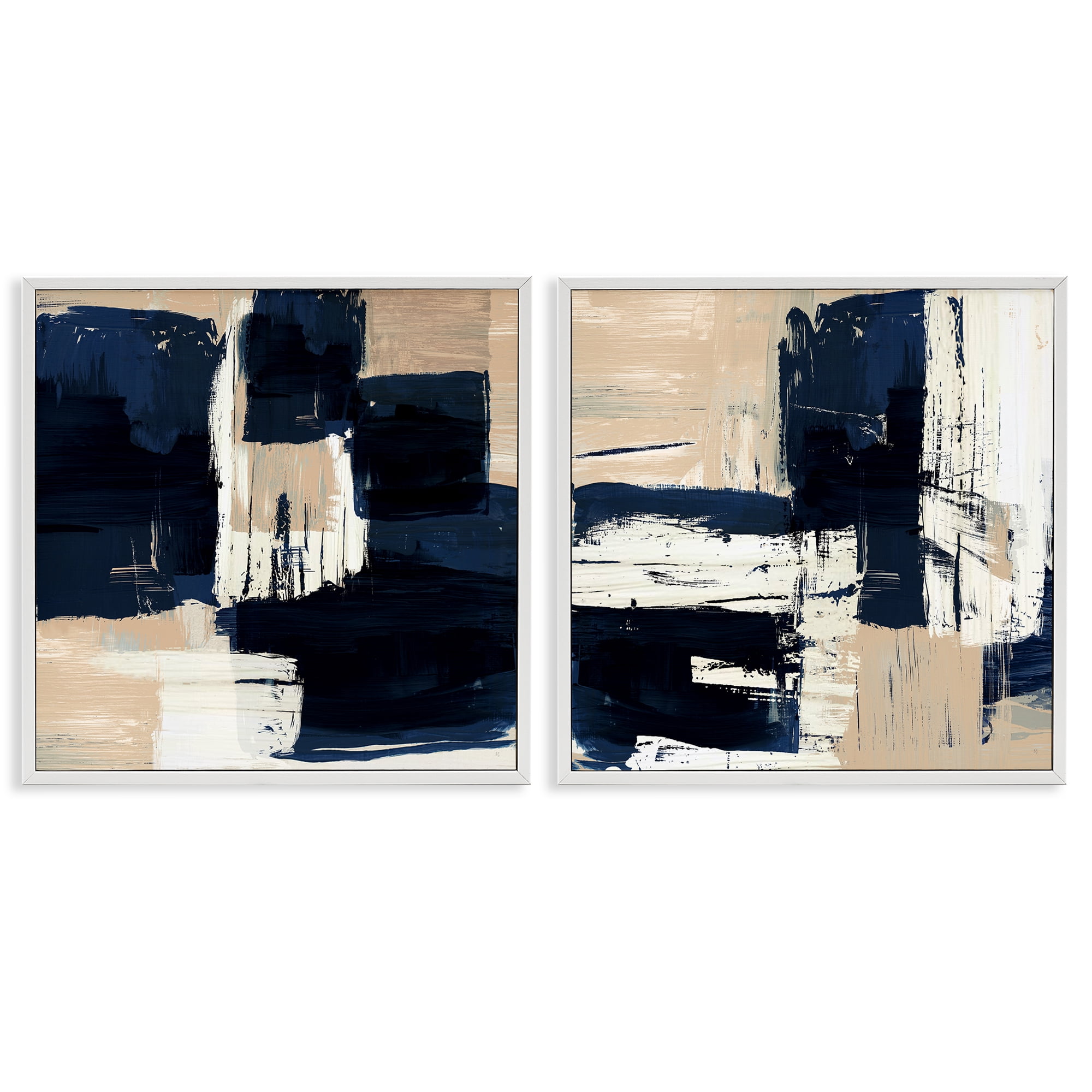 Stupell Industries Abstract Navy Neutral Abstract Painting White Framed Art Print Wall Art, 12 x 12, Set of 2