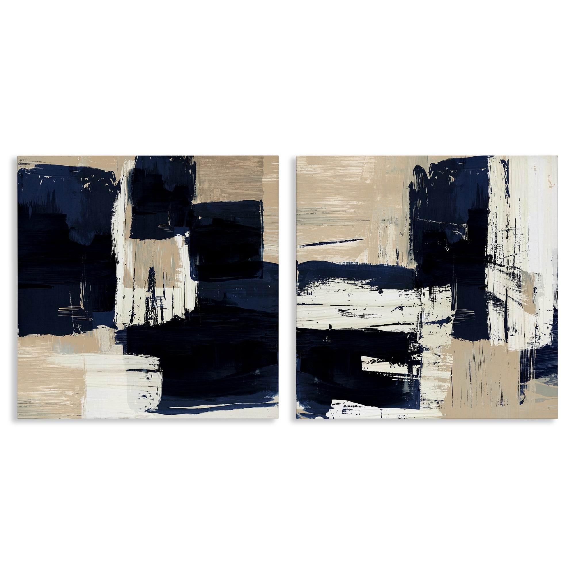 Stupell Industries Abstract Navy Neutral Abstract Painting Wrapped Canvas Art Print Wall Art, 17 x 17, Set of 2