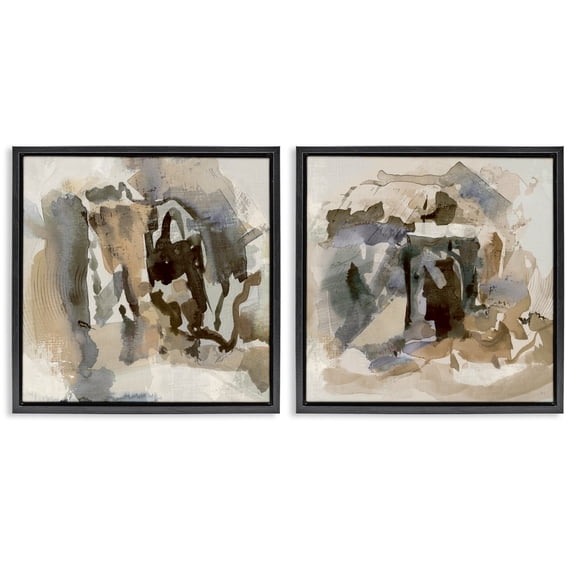 Stupell Industries Abstract Neutral Chaos Abstract Painting Black Floater Framed Canvas Art Print Wall Art, 18 x 18, Set of 2