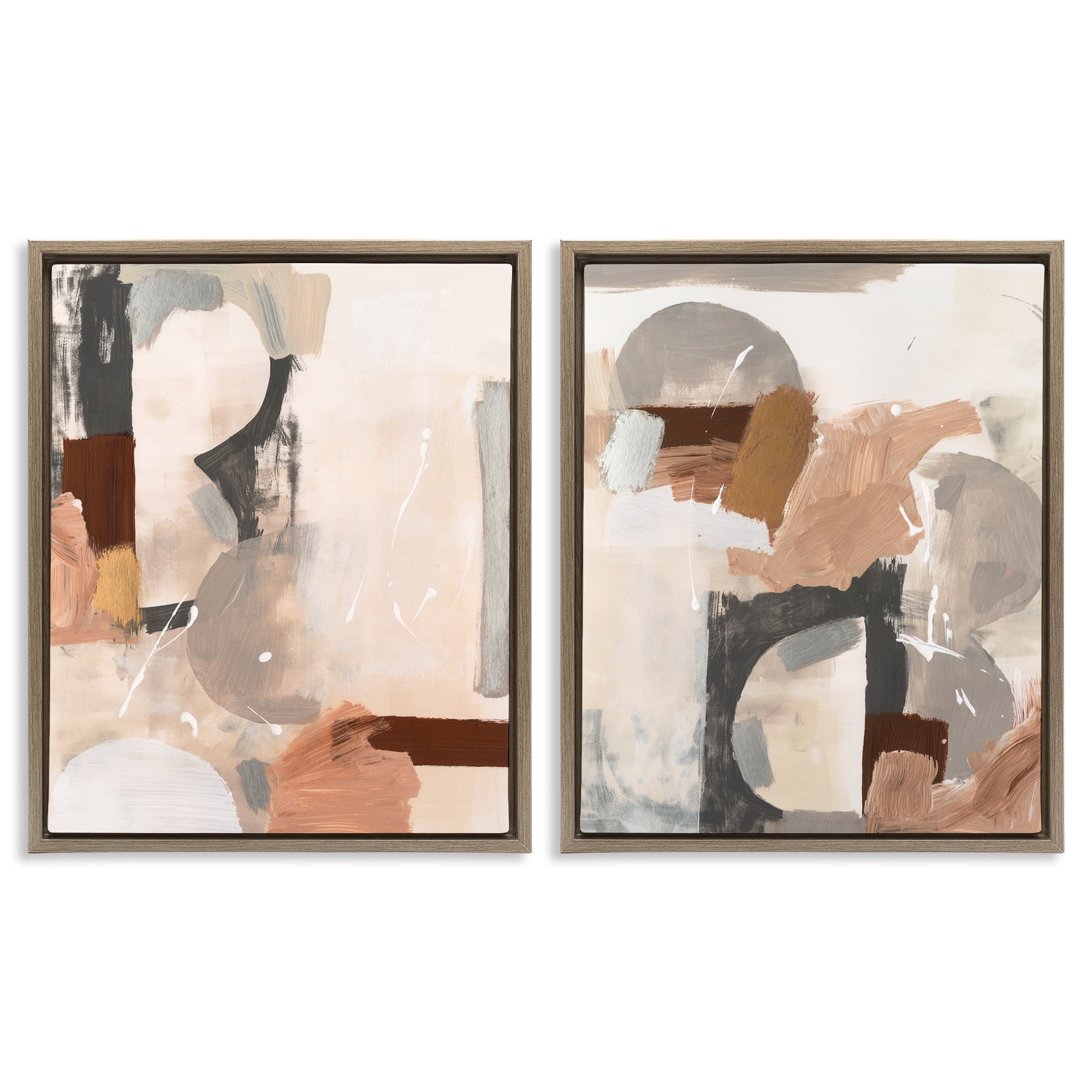 Stupell Industries Abstract Neutral Shapes Brown Abstract Painting Brown Floater Framed Canvas Art Print Wall Art, 31 x 25, Set of 2
