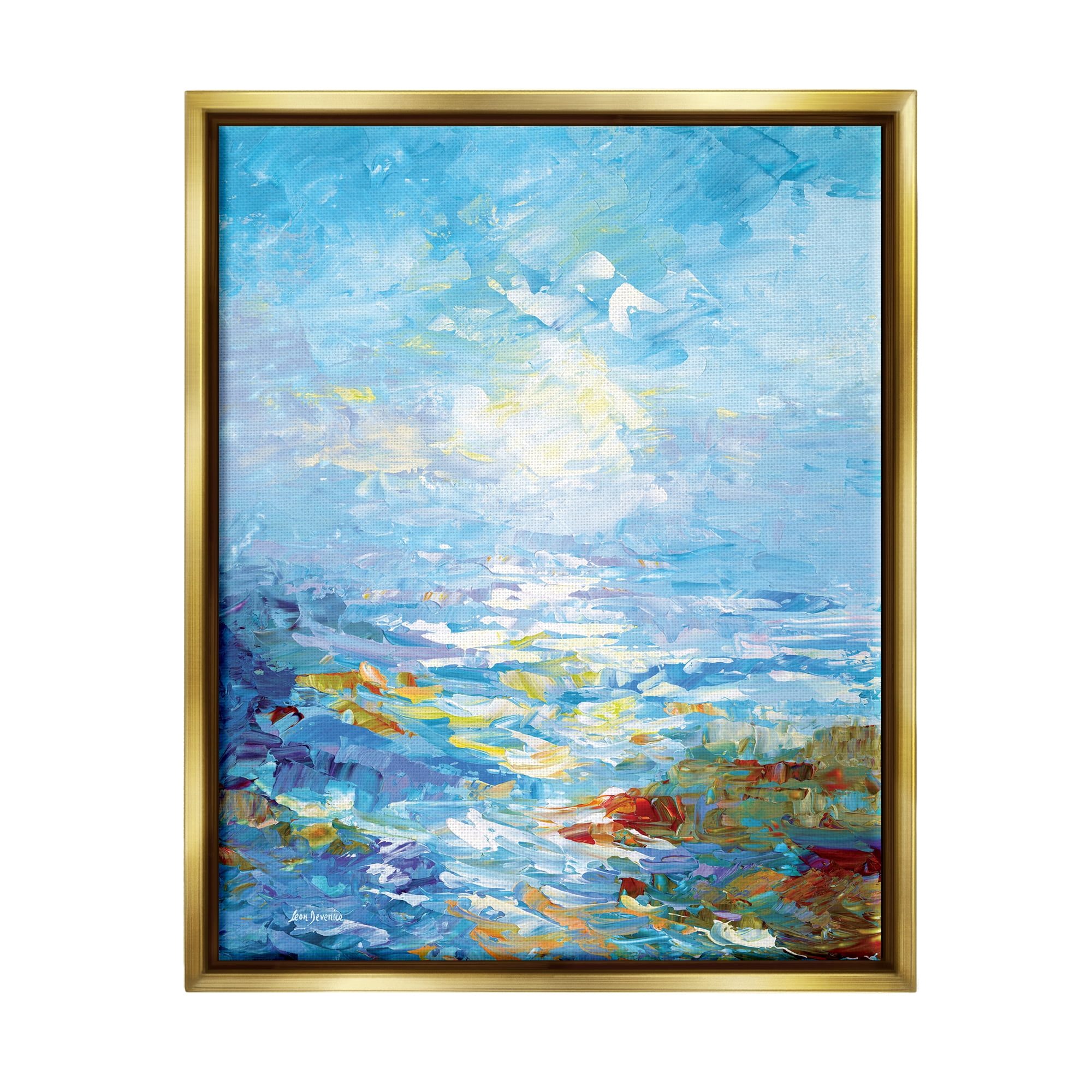 Stupell Industries Abstract Ocean Bliss Blue Landscape Painting Gold Floater Framed Canvas Art Print Wall Art, 17 x 21